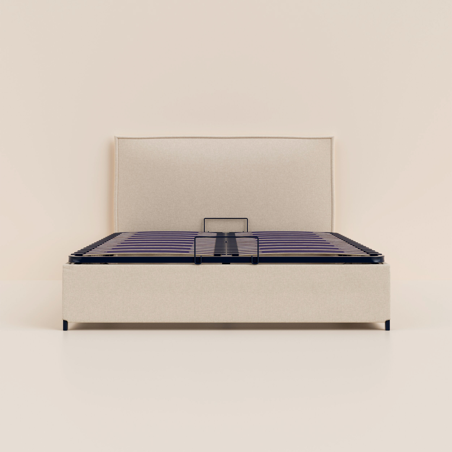 Lit coffre 160x200 cm - Beige - Avec tête de lit - Acier recyclé et lattes en bois - Grand volume de rangement - Fait en France - Tediber