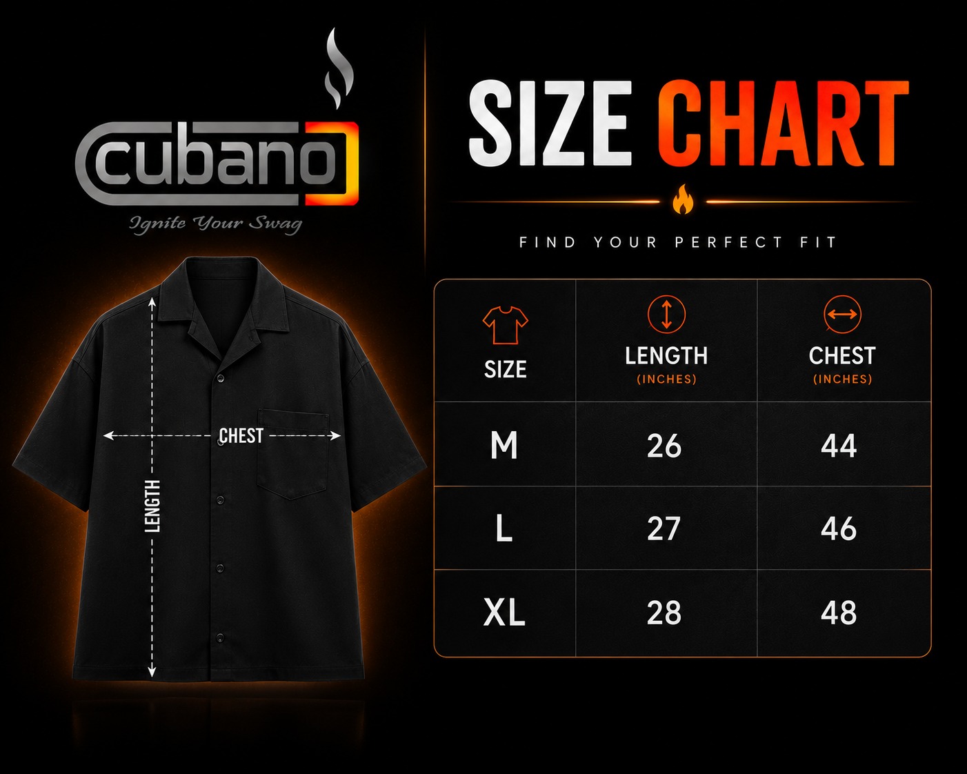 Artistry 01 size chart — chest and length in inches