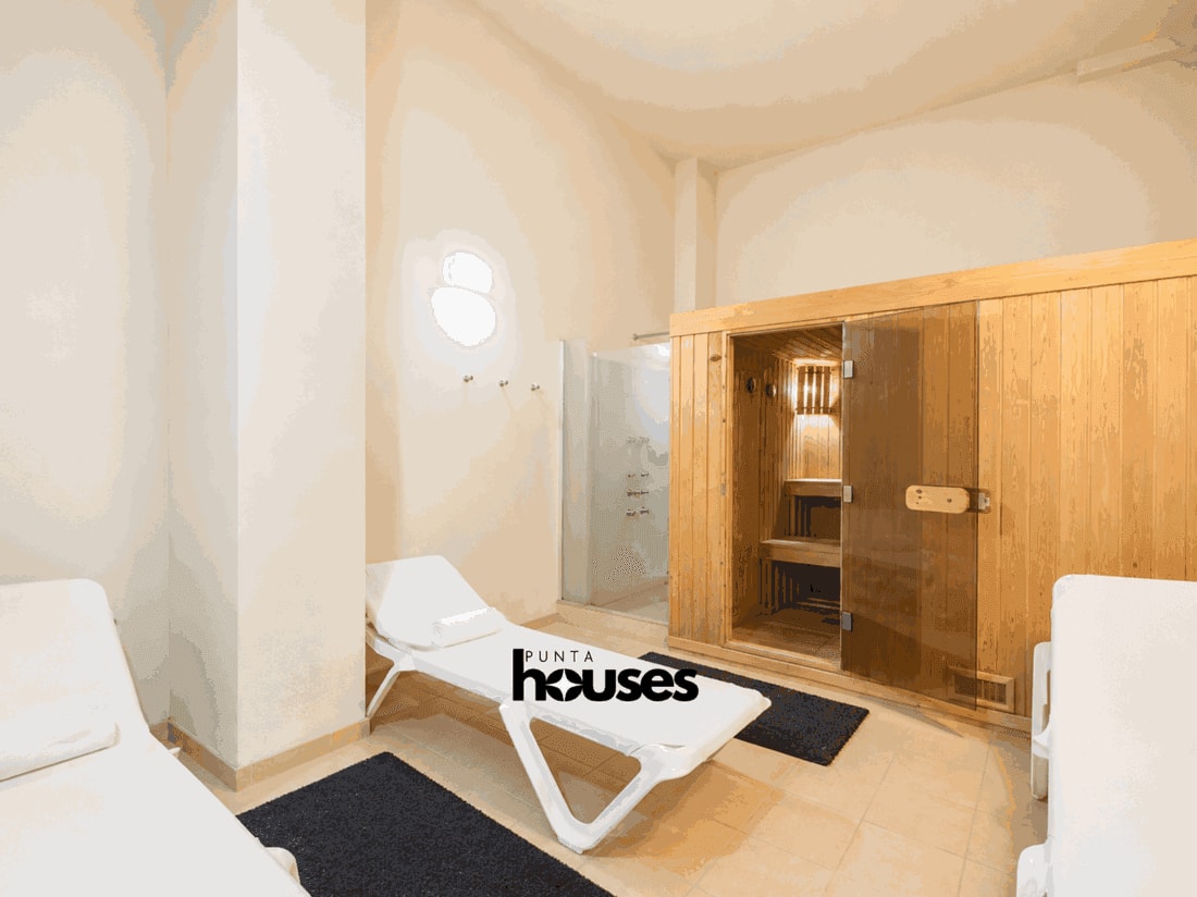 Private sauna and relaxation area with lounge chairs