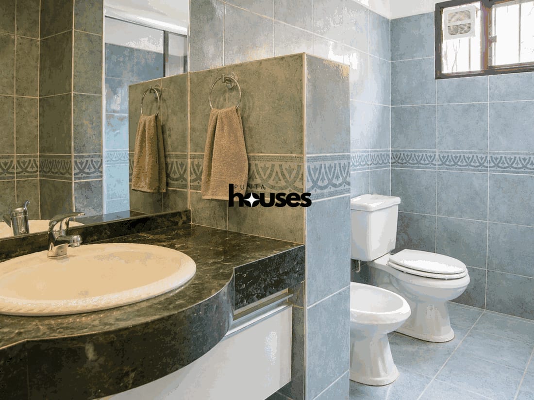Bathroom with marble-look vanity, mirror, toilet, bidet and blue ceramic tiles