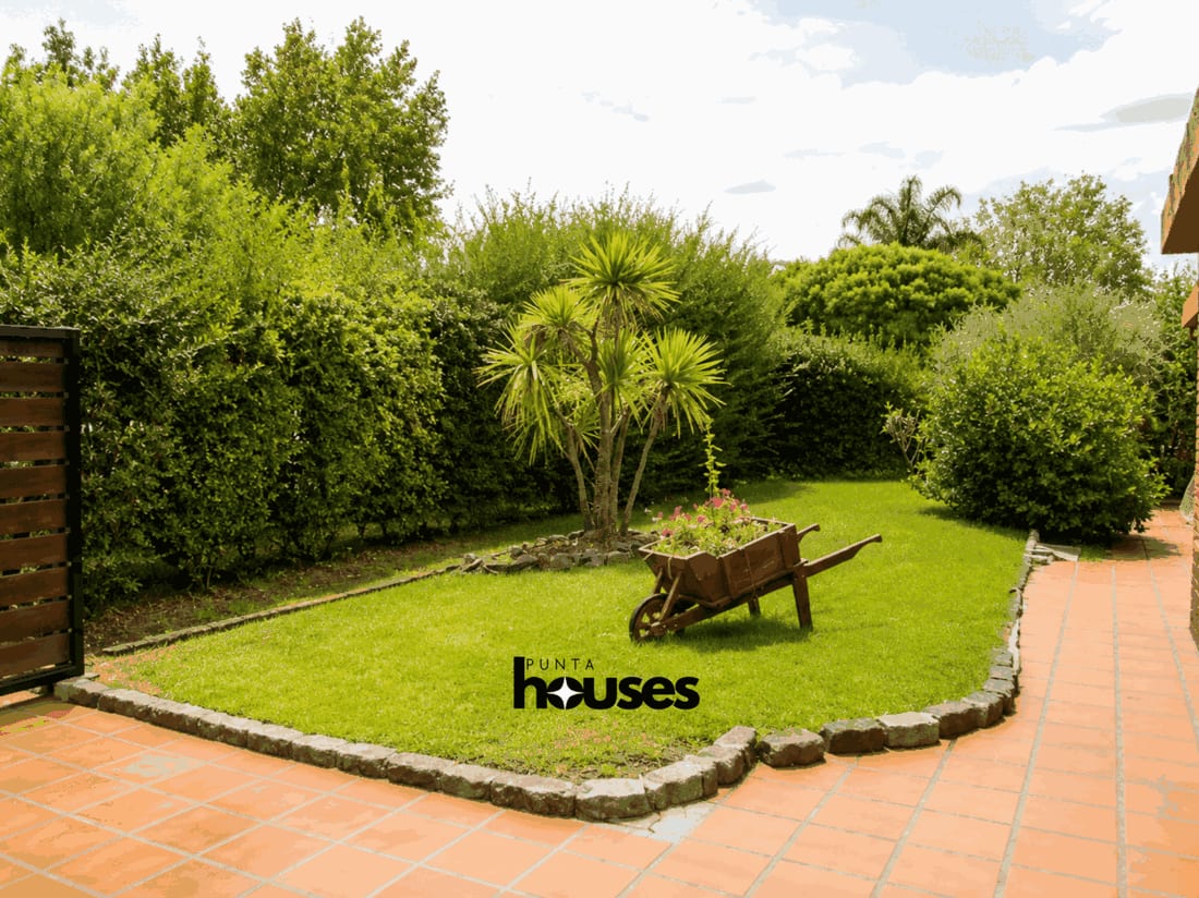 Large green backyard with pergola, outdoor seating, mature trees and garden shed