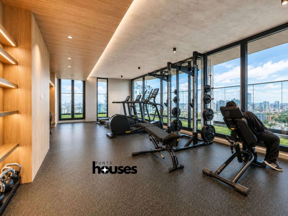 Fully equipped gym with panoramic city views at Manglar Brava apartment building in Punta del Este.