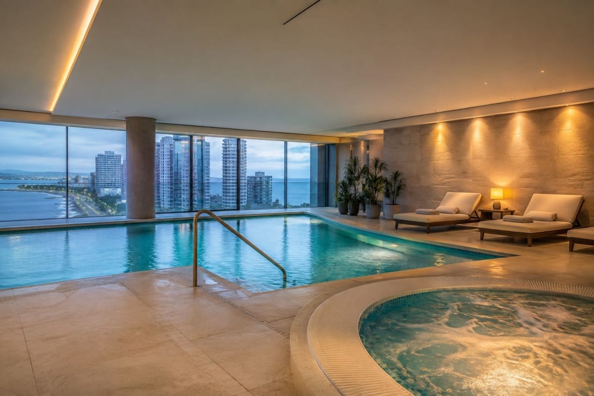 Luxury indoor swimming pool and jacuzzi with panoramic coastal views in Punta del Este