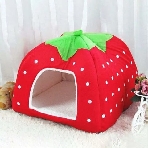 Strawberry Pet House for Cats & Small Dogs and Premium Soft – Foldable Winter Warm Bed with Removable Cushion