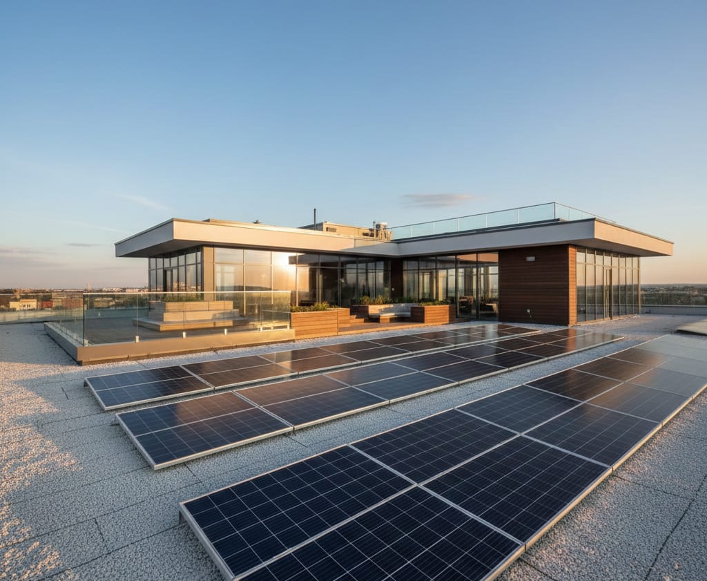 Solar panels installed across a contemporary rooftop