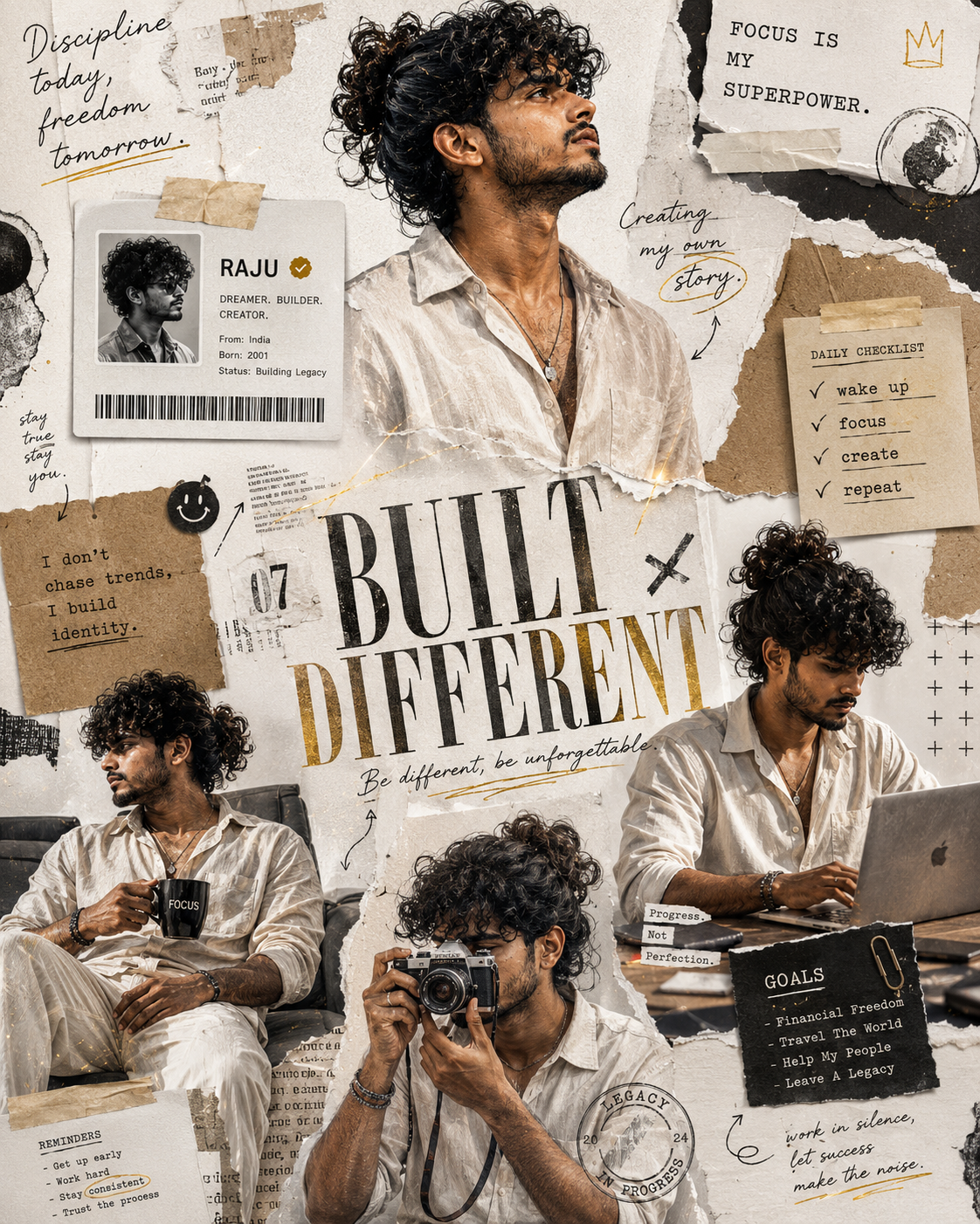 BUILT DIFFERENT – Editorial Collage Poster - Solo Male – Fashion AI Image Prompt