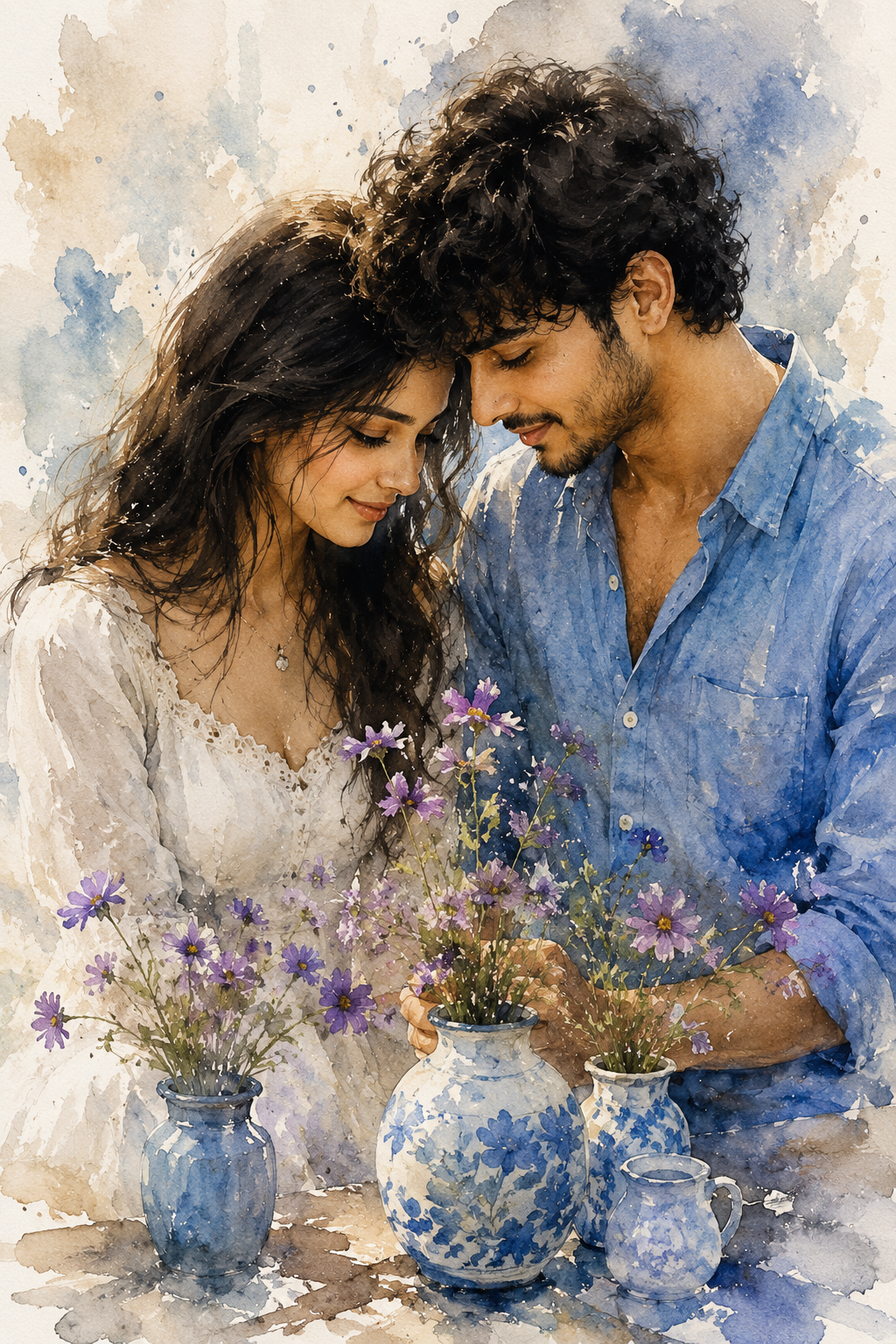Watercolor Couple – Flowers & Blue Vases - Illustration / Art AI Image Prompt