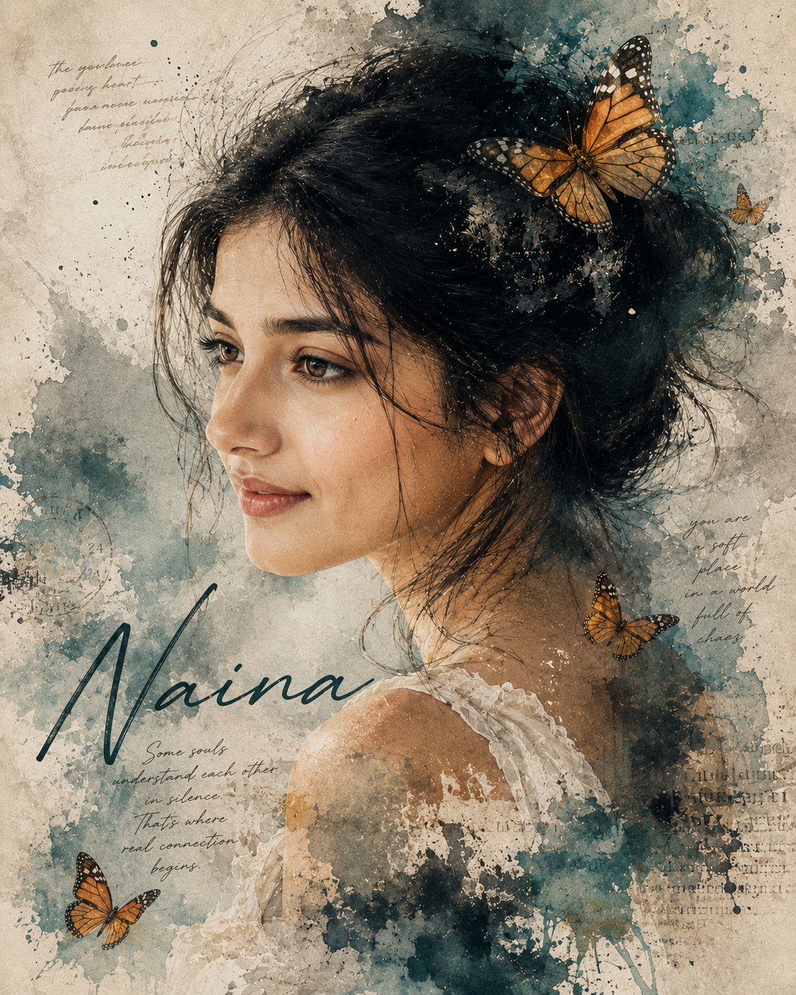 Butterfly Double Exposure – Watercolor Portrait - Female Portrait AI Image Prompt