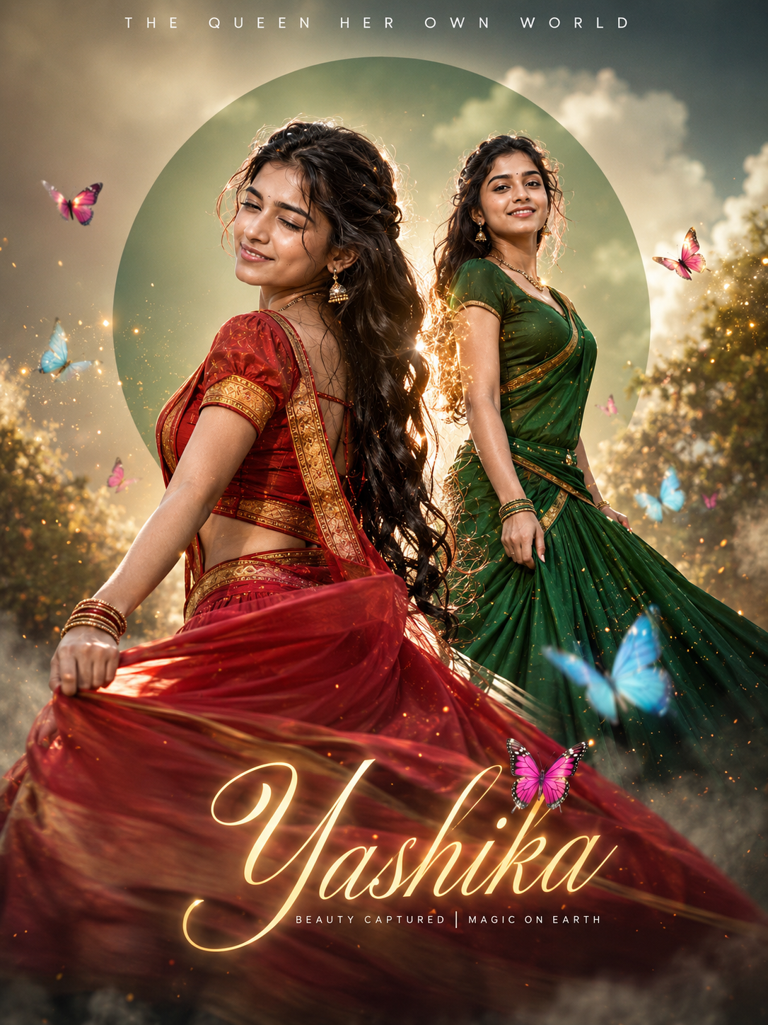 Half Saree Dual Pose – Fantasy Worm's Eye Portrait - Female – Fashion AI Image Prompt