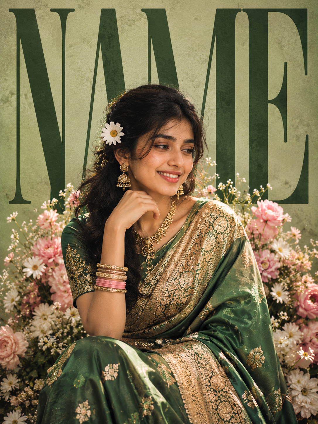 Traditional Green Saree Magazine Cover - Female – Fashion AI Image Prompt