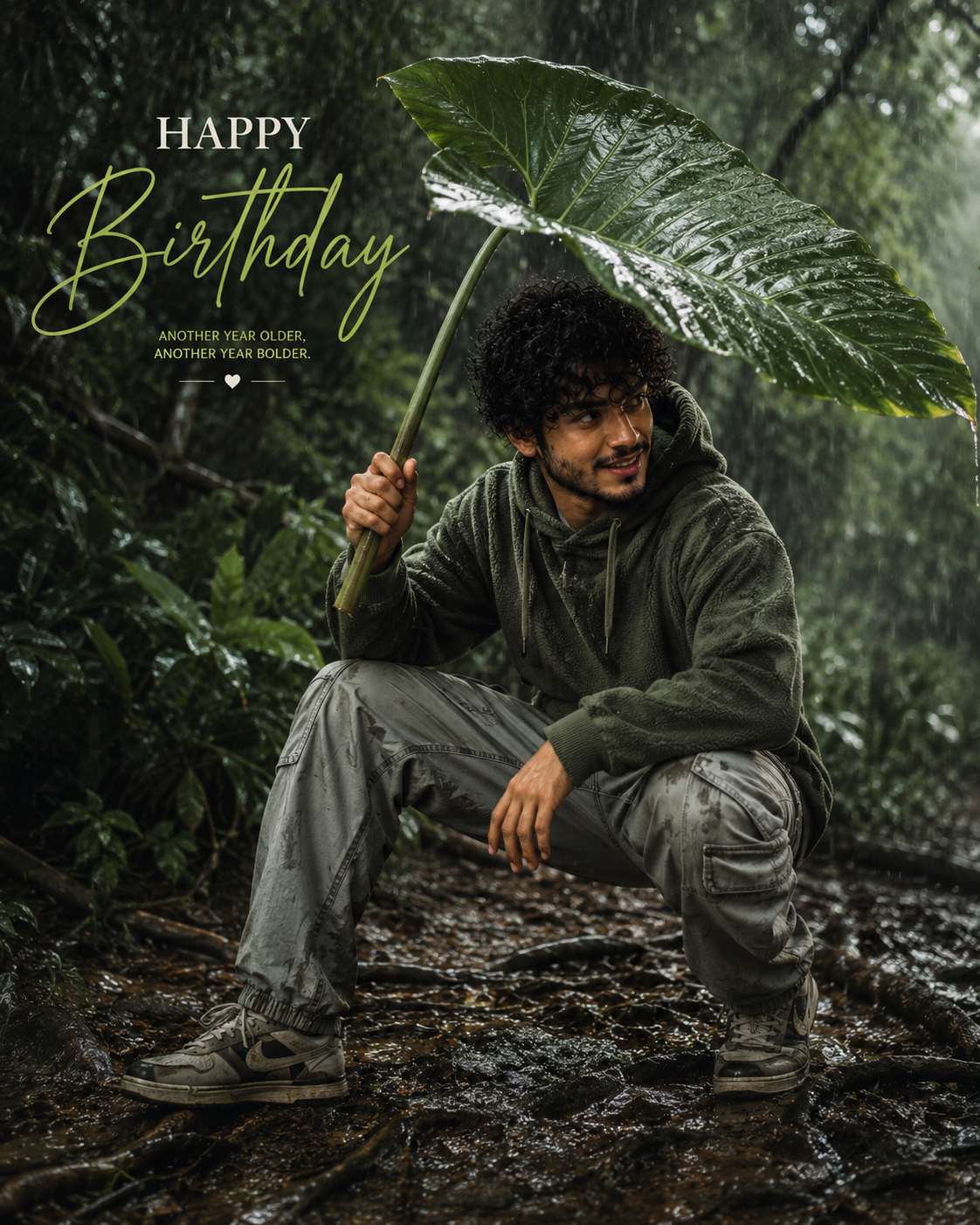 Jungle Rainstorm – Birthday Adventure Portrait - Solo Male – Birthday AI Image Prompt