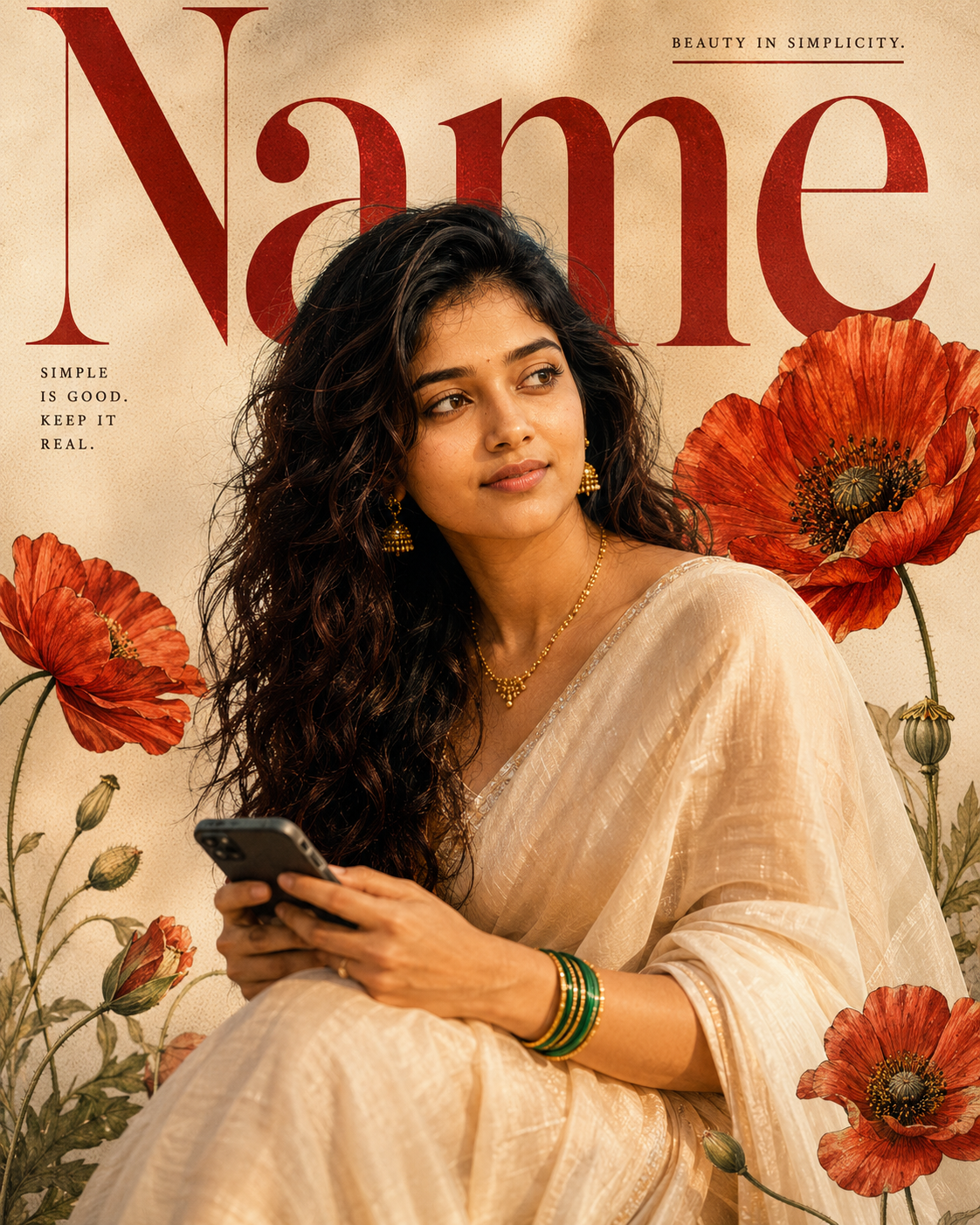 Poppy Flower Saree Magazine Cover - Female – Fashion AI Image Prompt