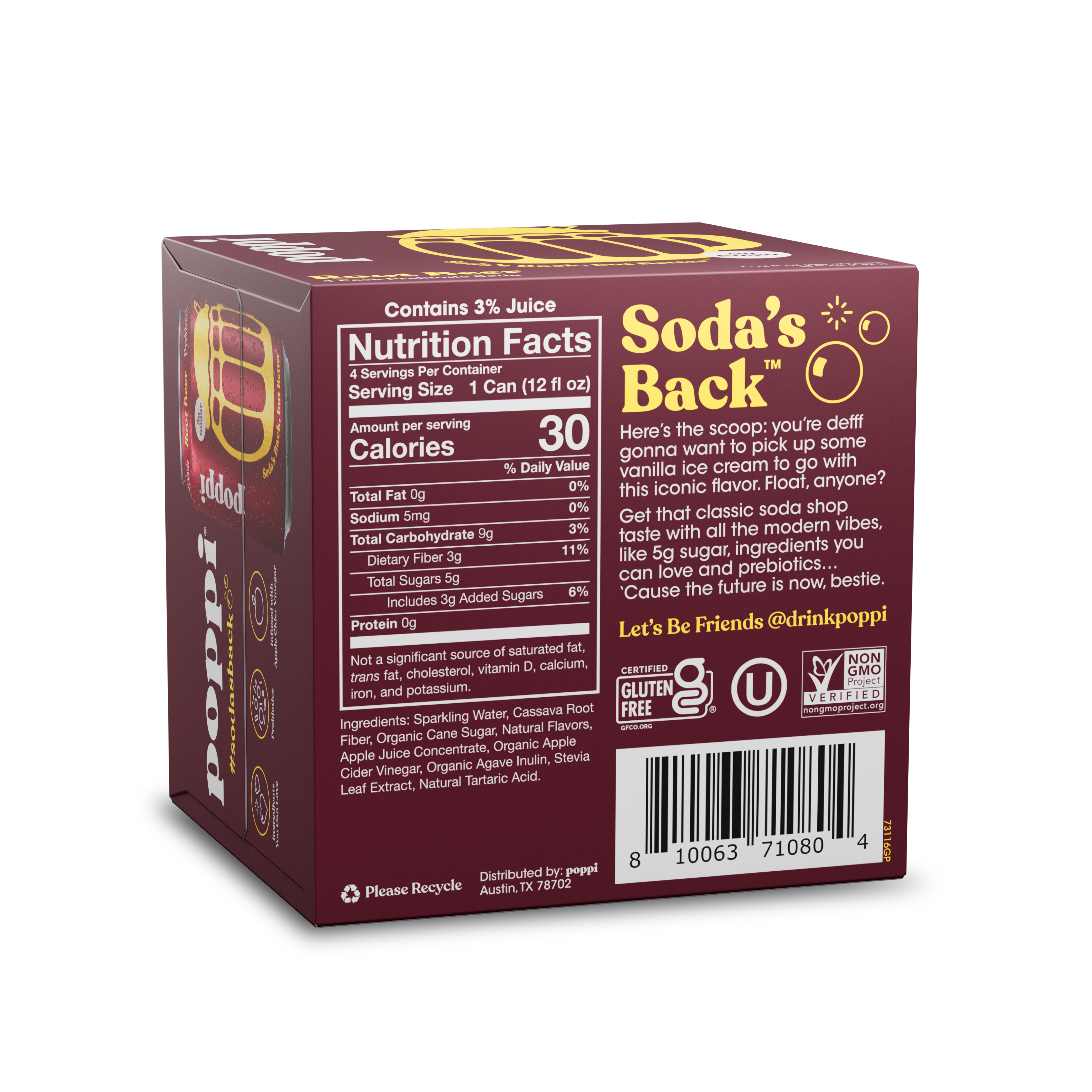 poppi, Root Beer Prebiotic Soda, 12 fl oz, 4 Pack Cans - Walmart.com