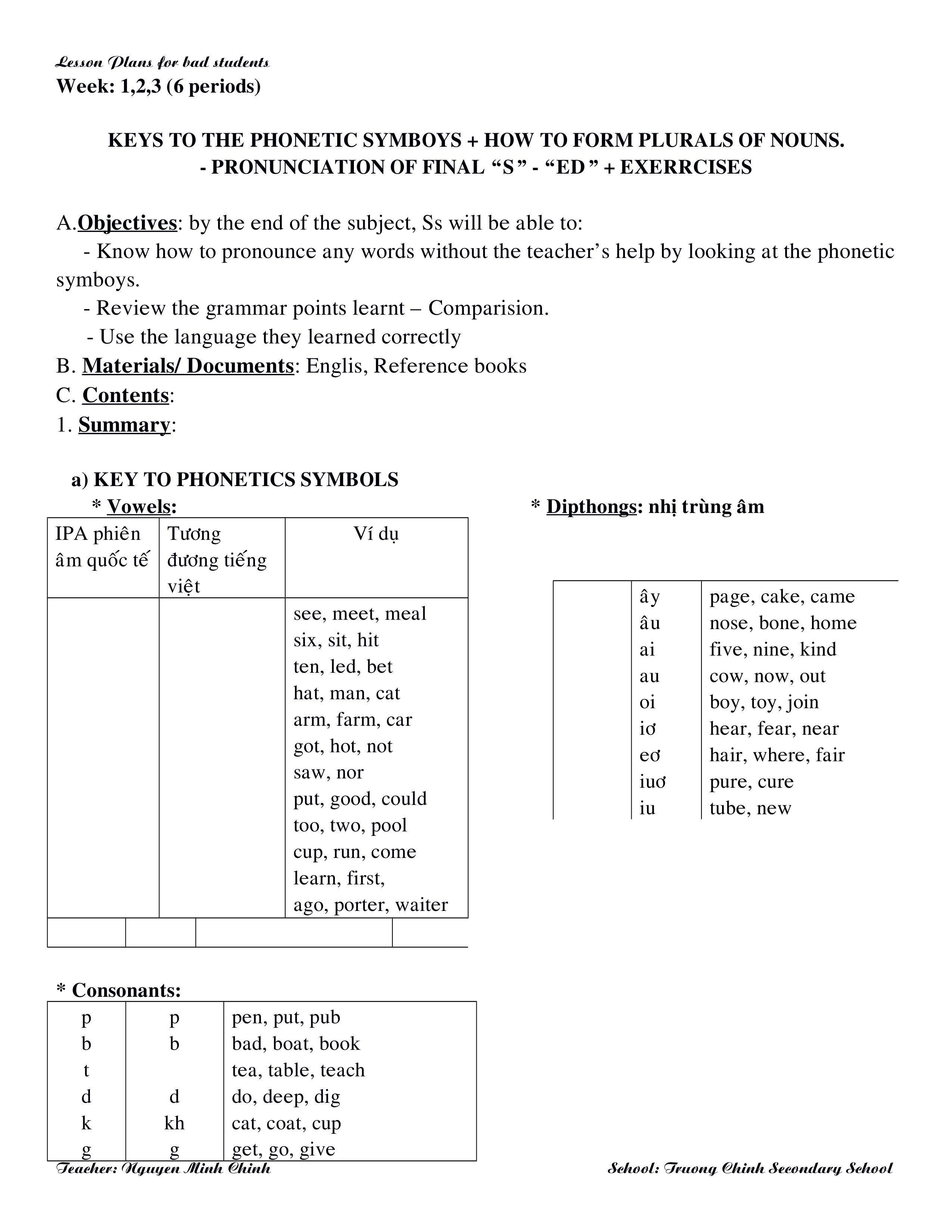 date 1501 06 subject 6 page lesson plans for bad students week 123 6 periods keys to the phonetic