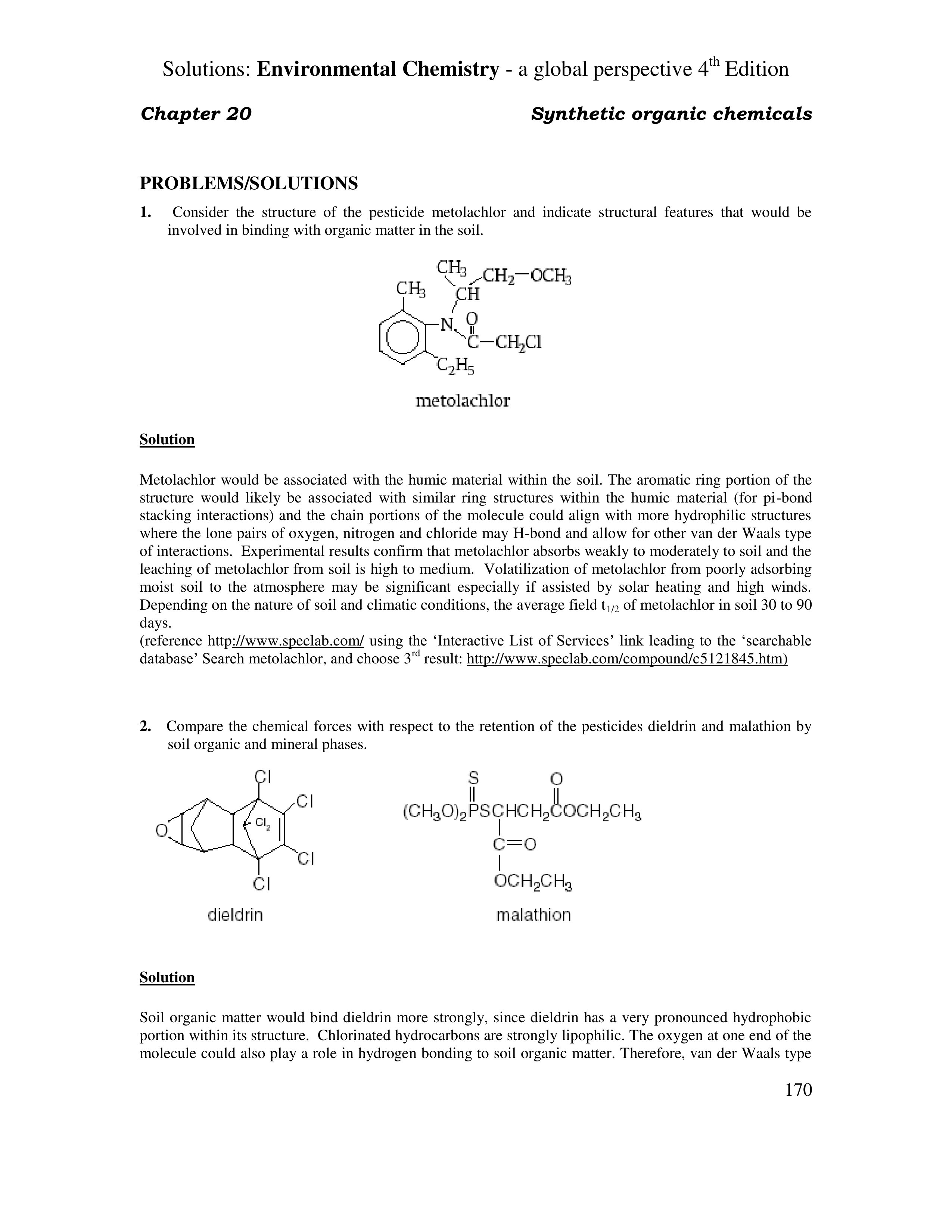 Chapter 20: Solution manual of Environmental Chemistry a Global Perspective