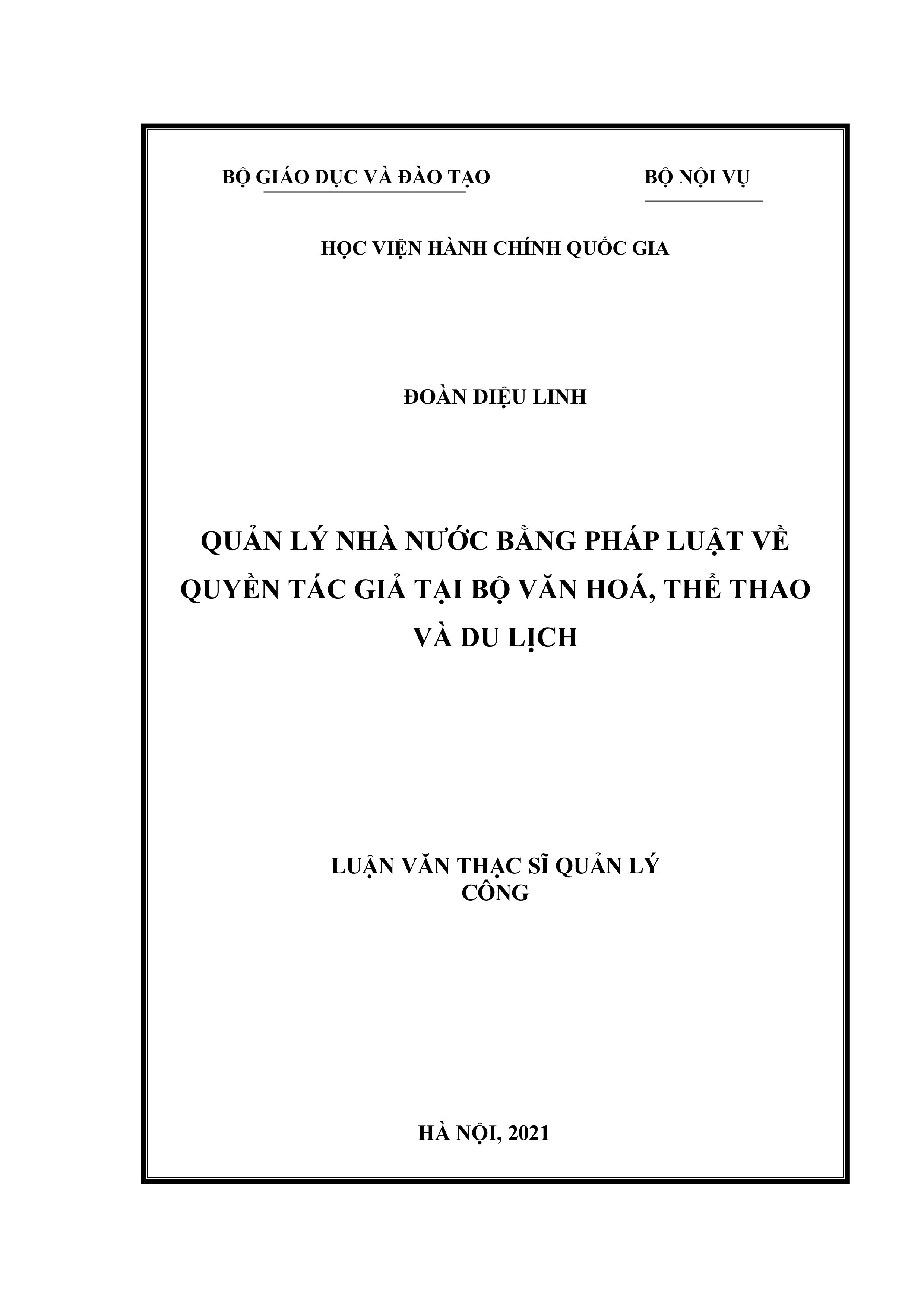 Luận văn quản lý nhà nước bằng pháp luật về quyền tác giả tại bộ văn hoá, thể thao và du lịch