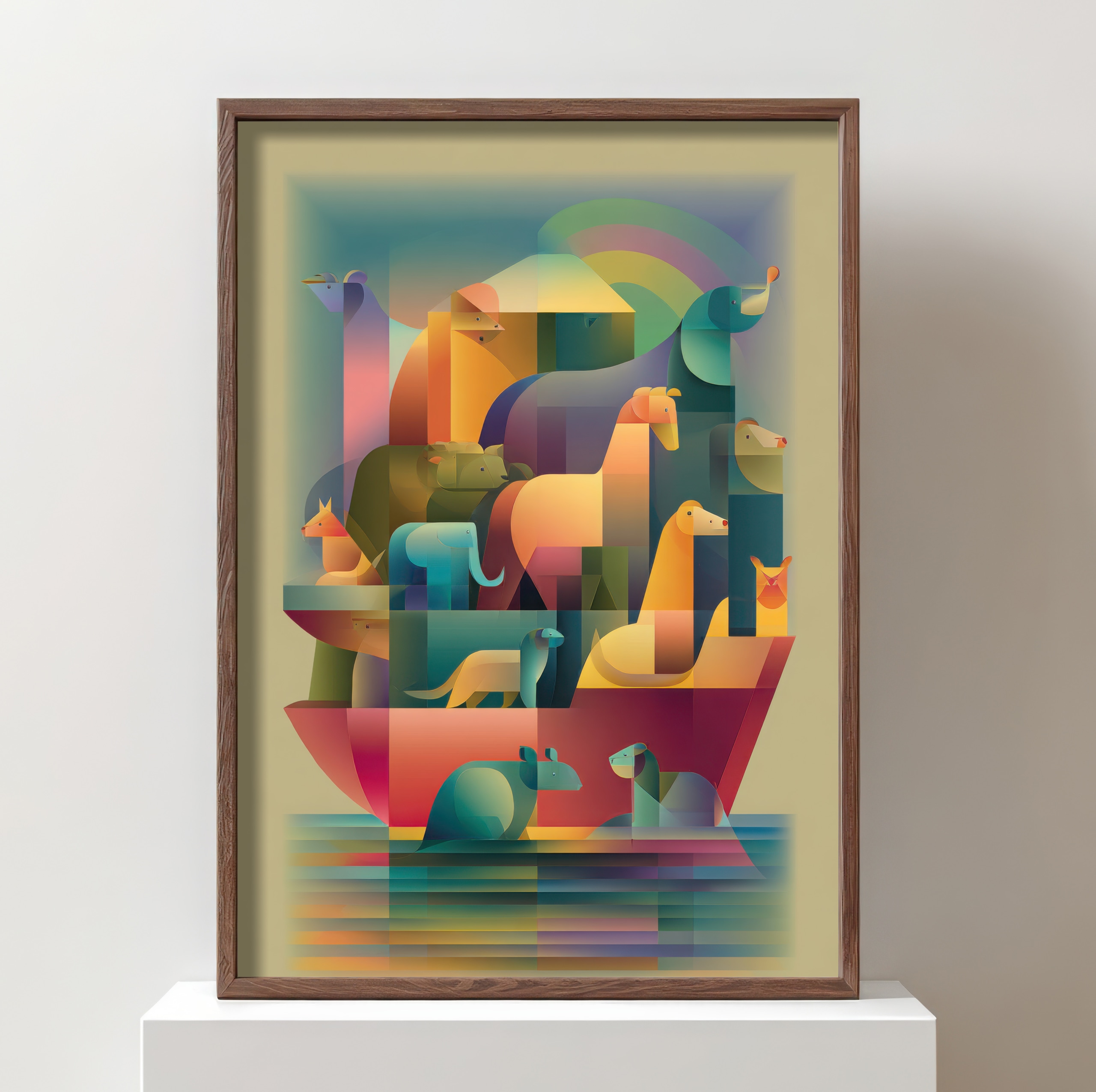 Cubist style Noa's ark with animals, Christian animal art theme.