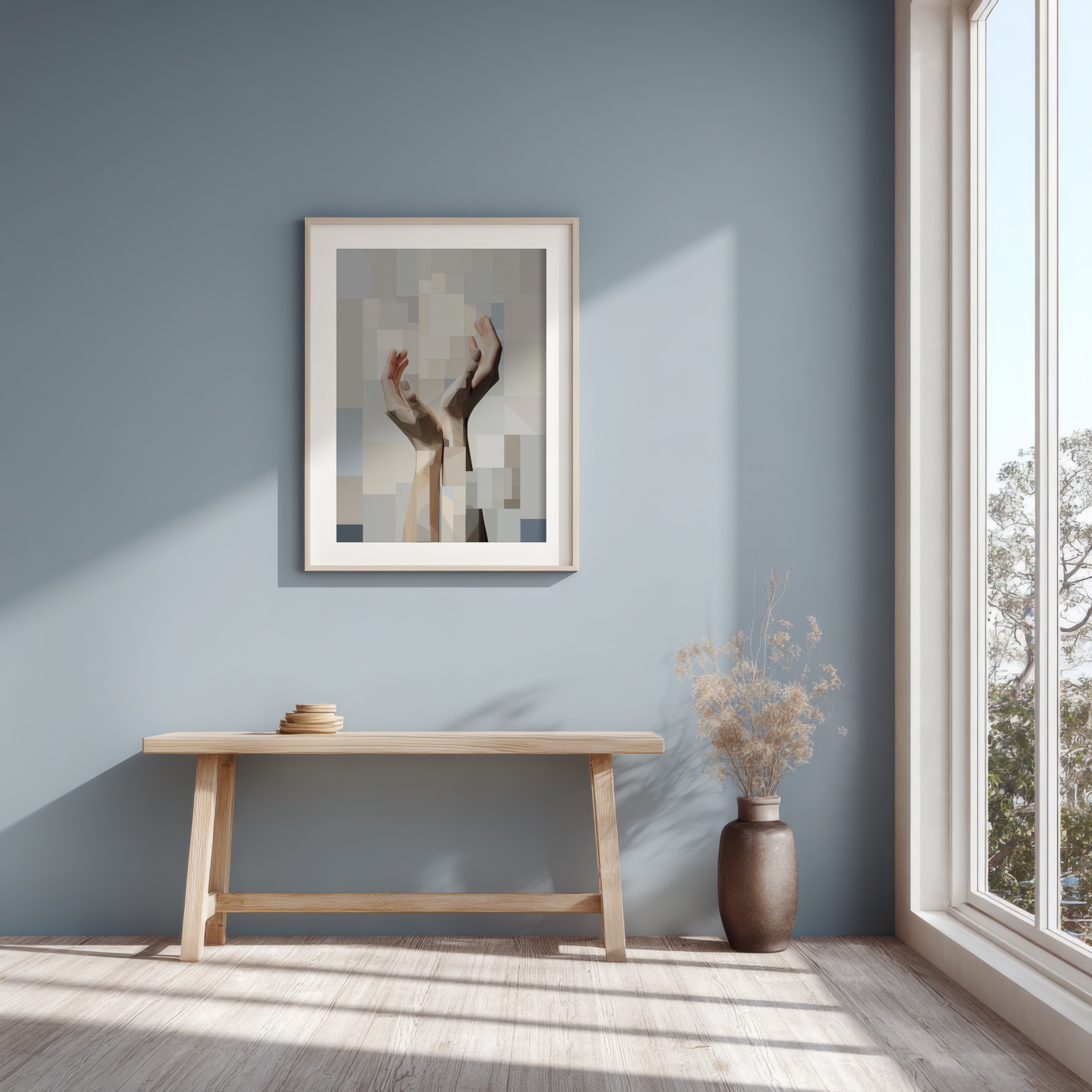 Abstract modern artwork of praying hands, geometric style.