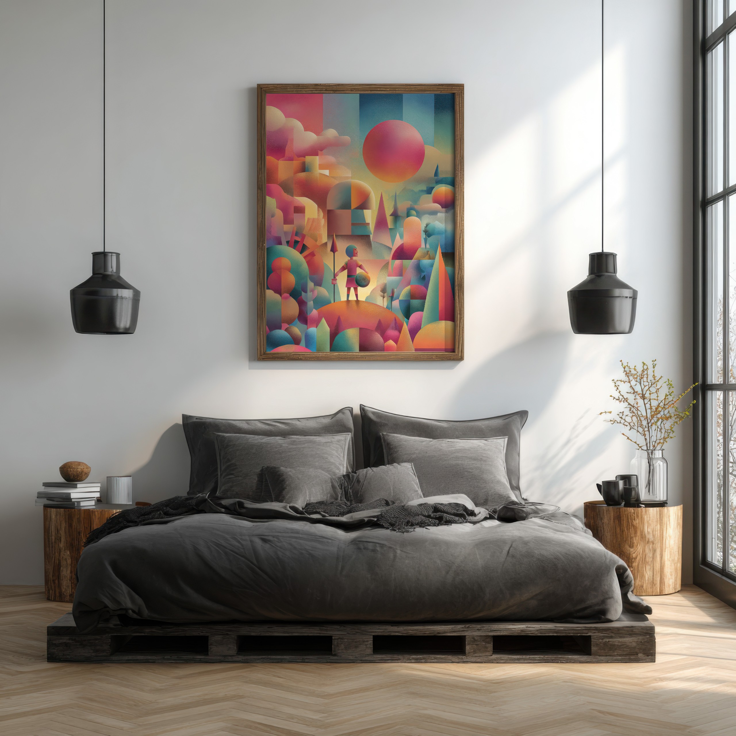 Vibrant abstract art of biblical battle scene with vivid hues.
