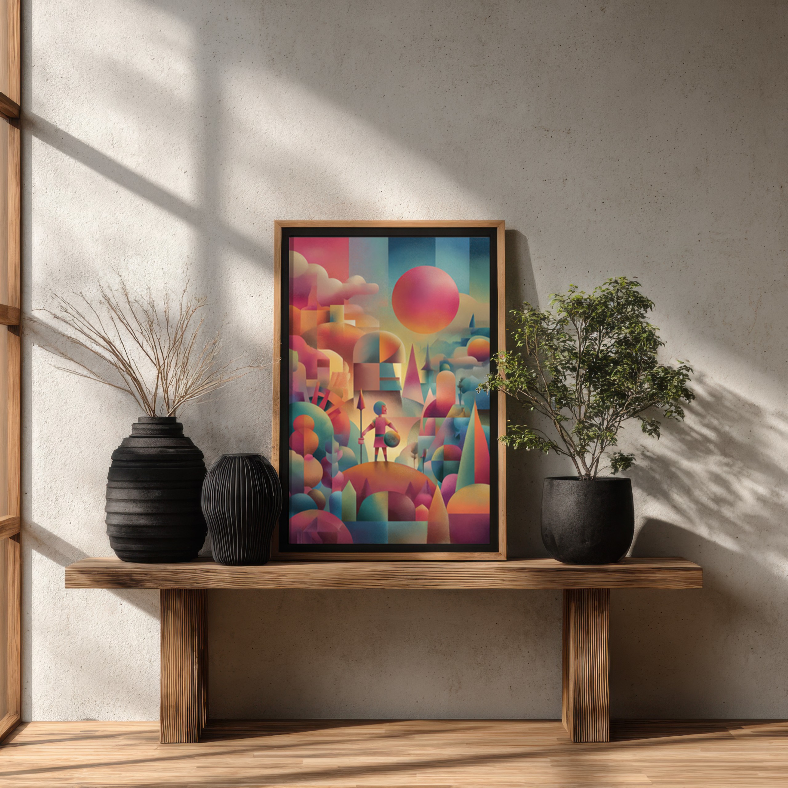 Abstract artwork of a biblical battle scene in vibrant colors.
