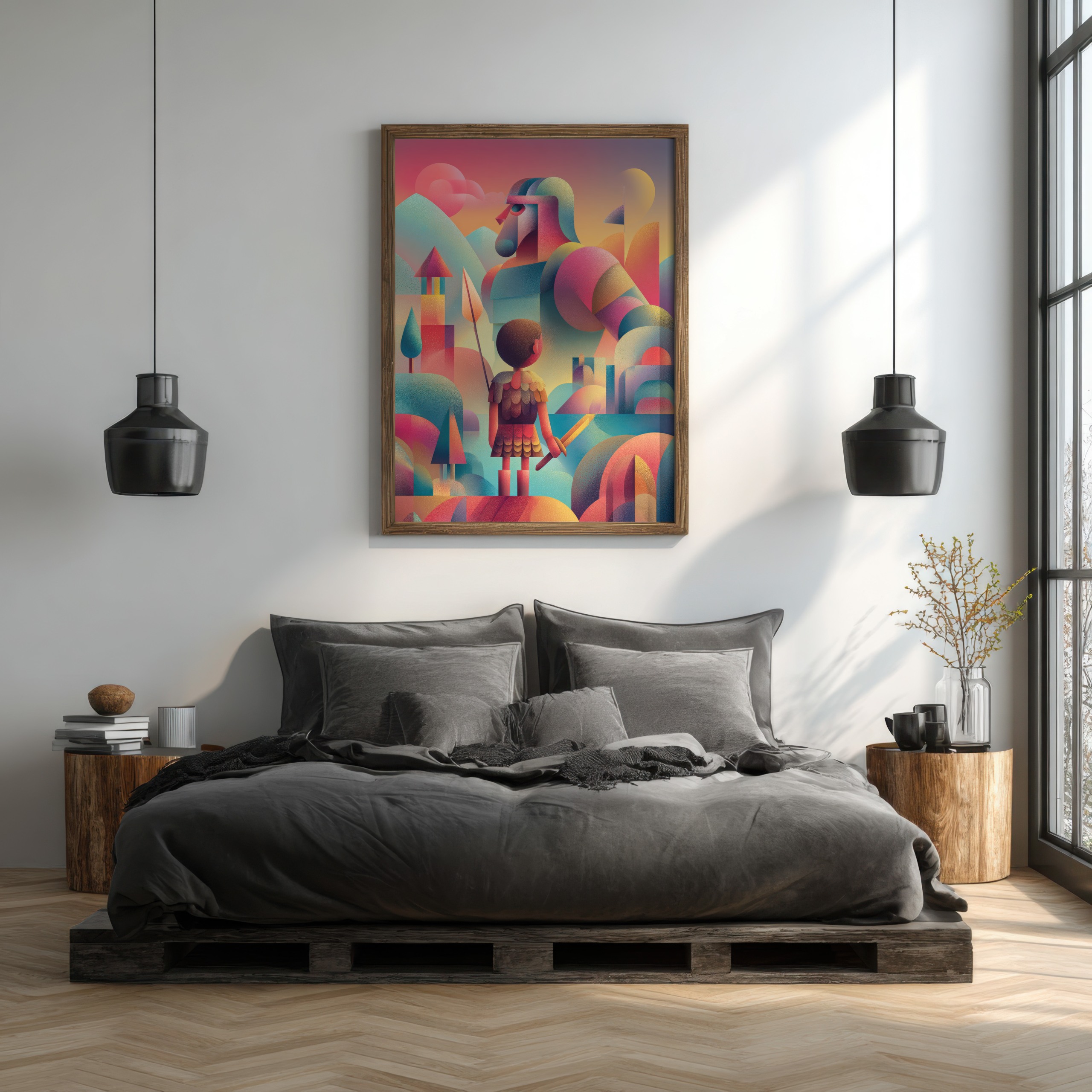 Modern digital David and Goliath art in vivid colors.
