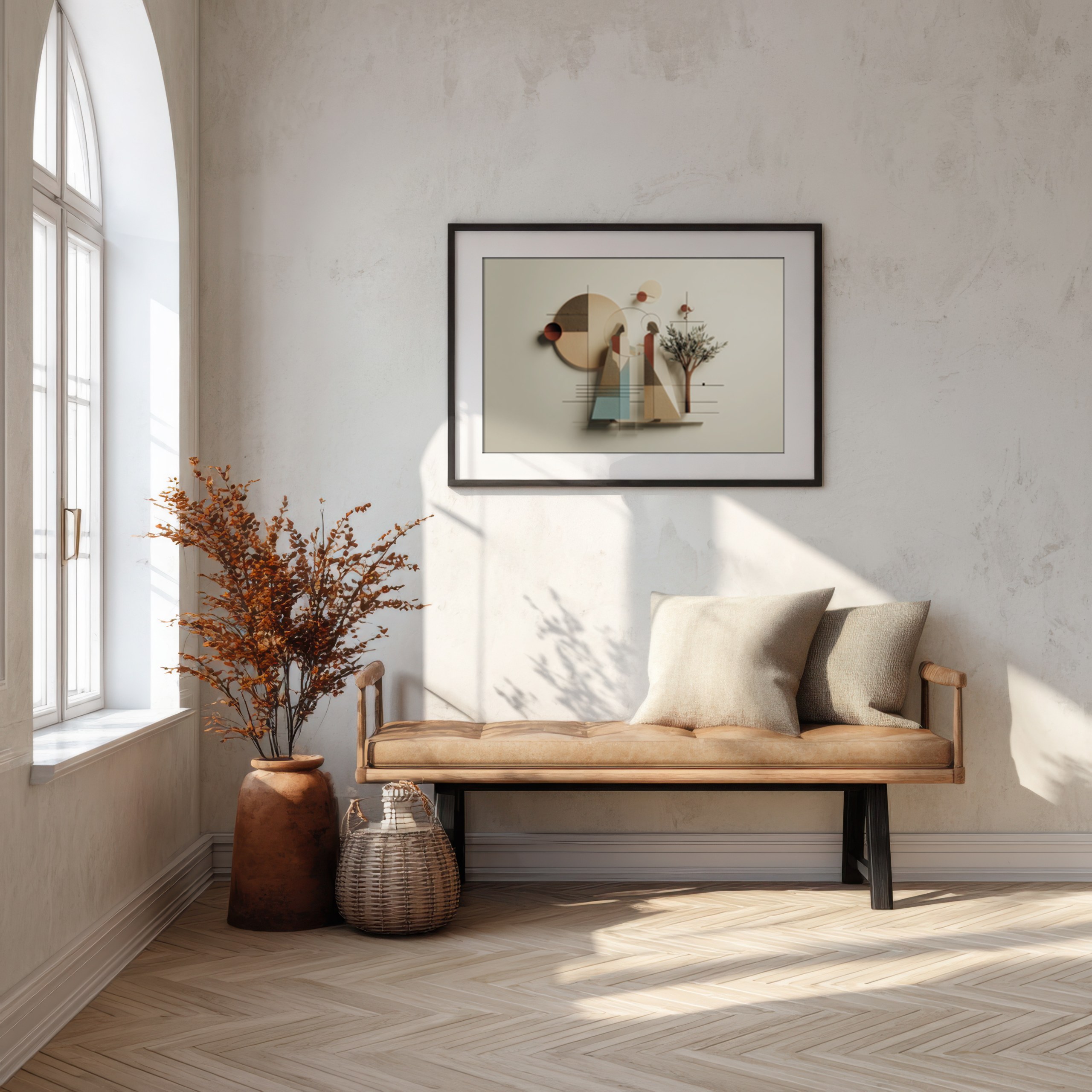 Abstract artwork depicting Genesis creation scene with geometric shapes.