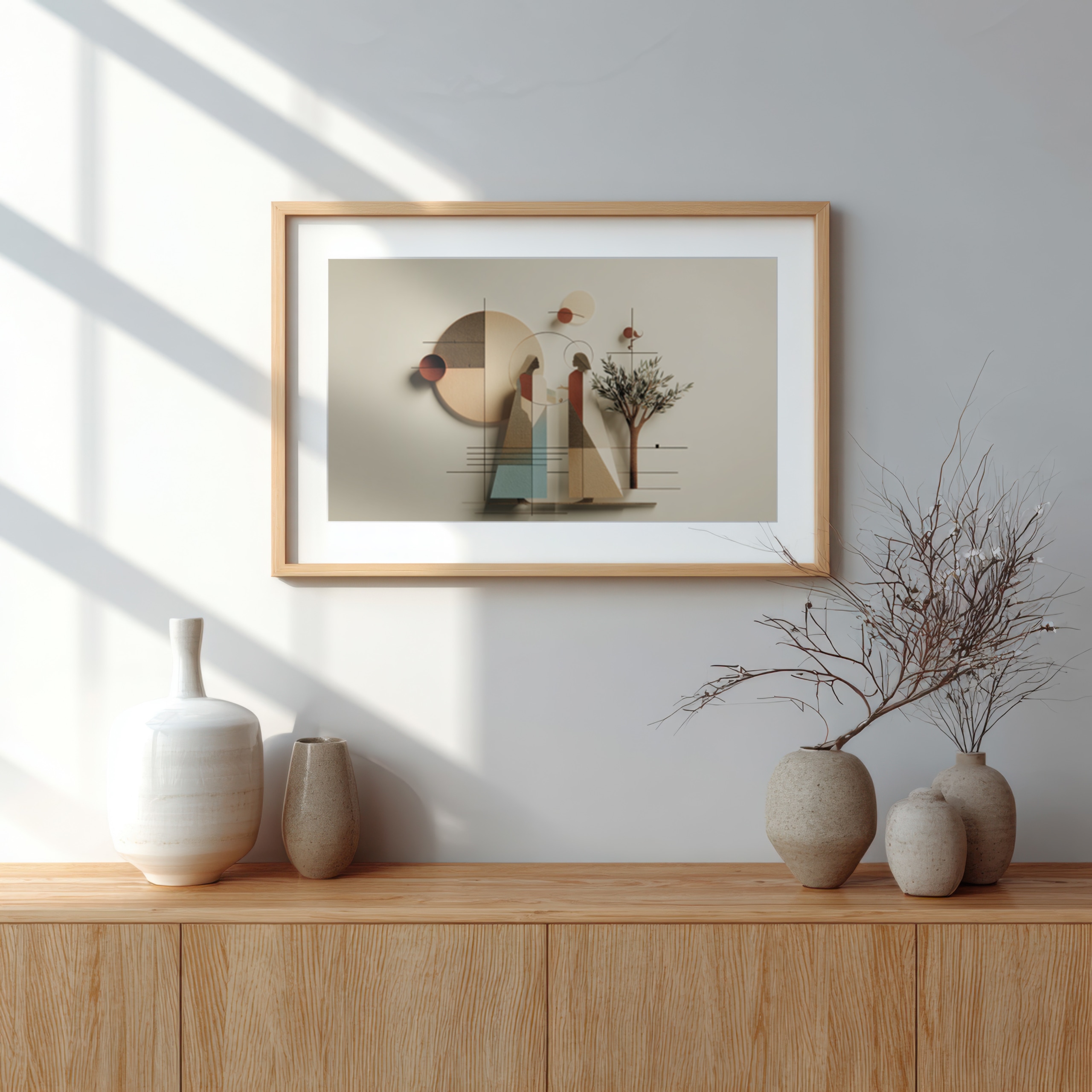 Genesis creation scene depicted with geometric shapes in art.