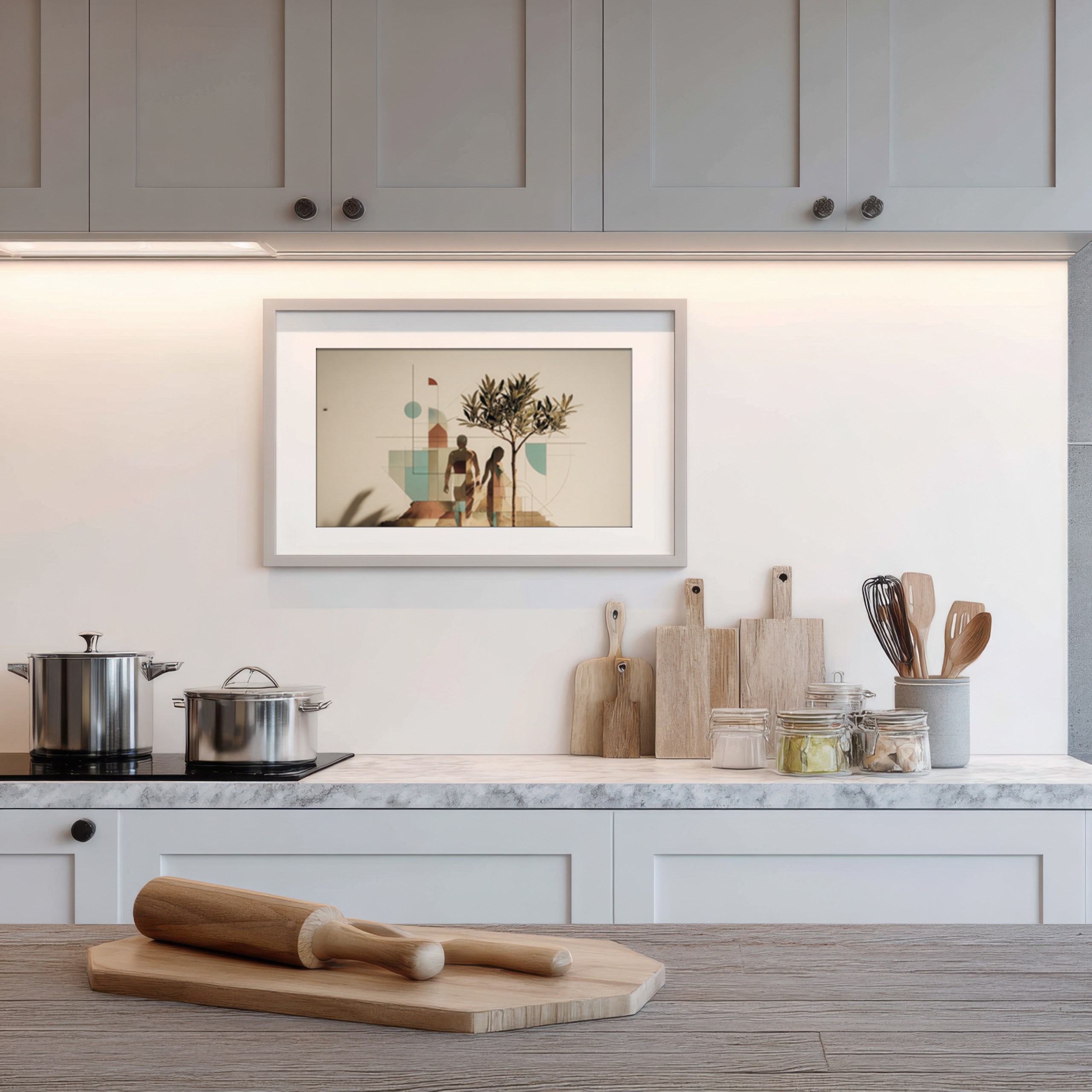 Minimalist Adam and Eve garden of eden piece in a kitchen setting.