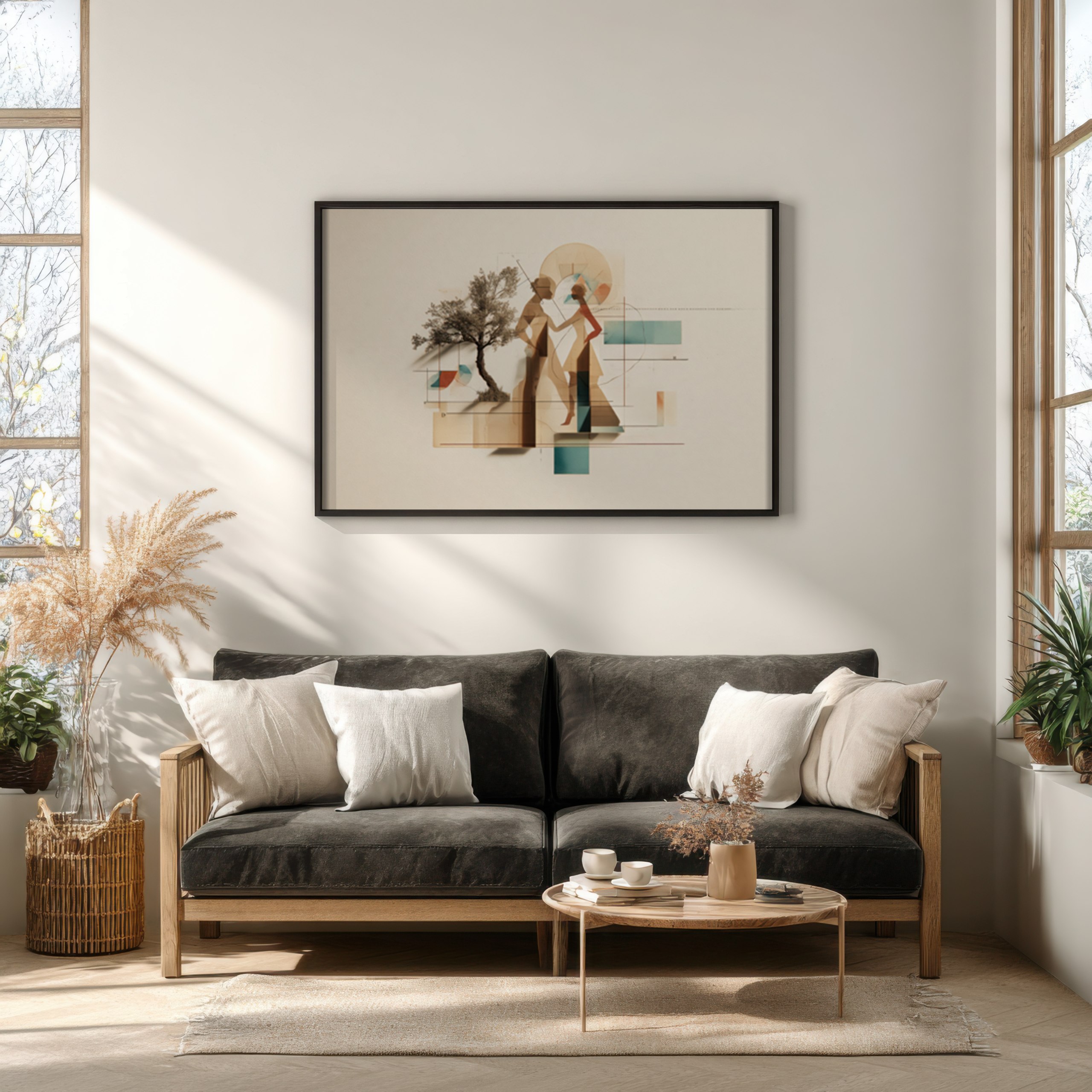 Abstract geometric portrayal of Adam and Eve artwork in modern style.
