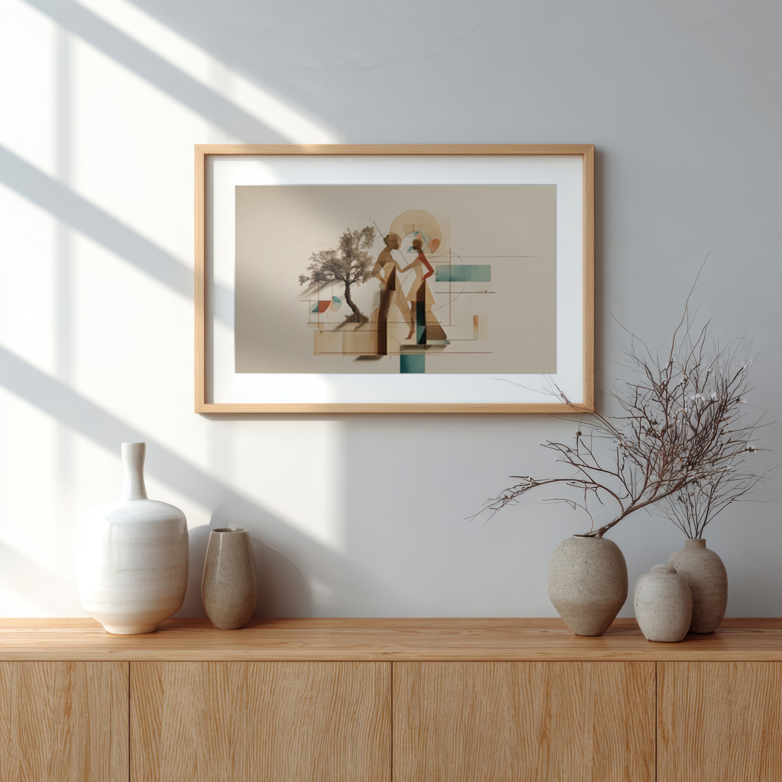 Stylized Adam and Eve artwork in a geometric design.