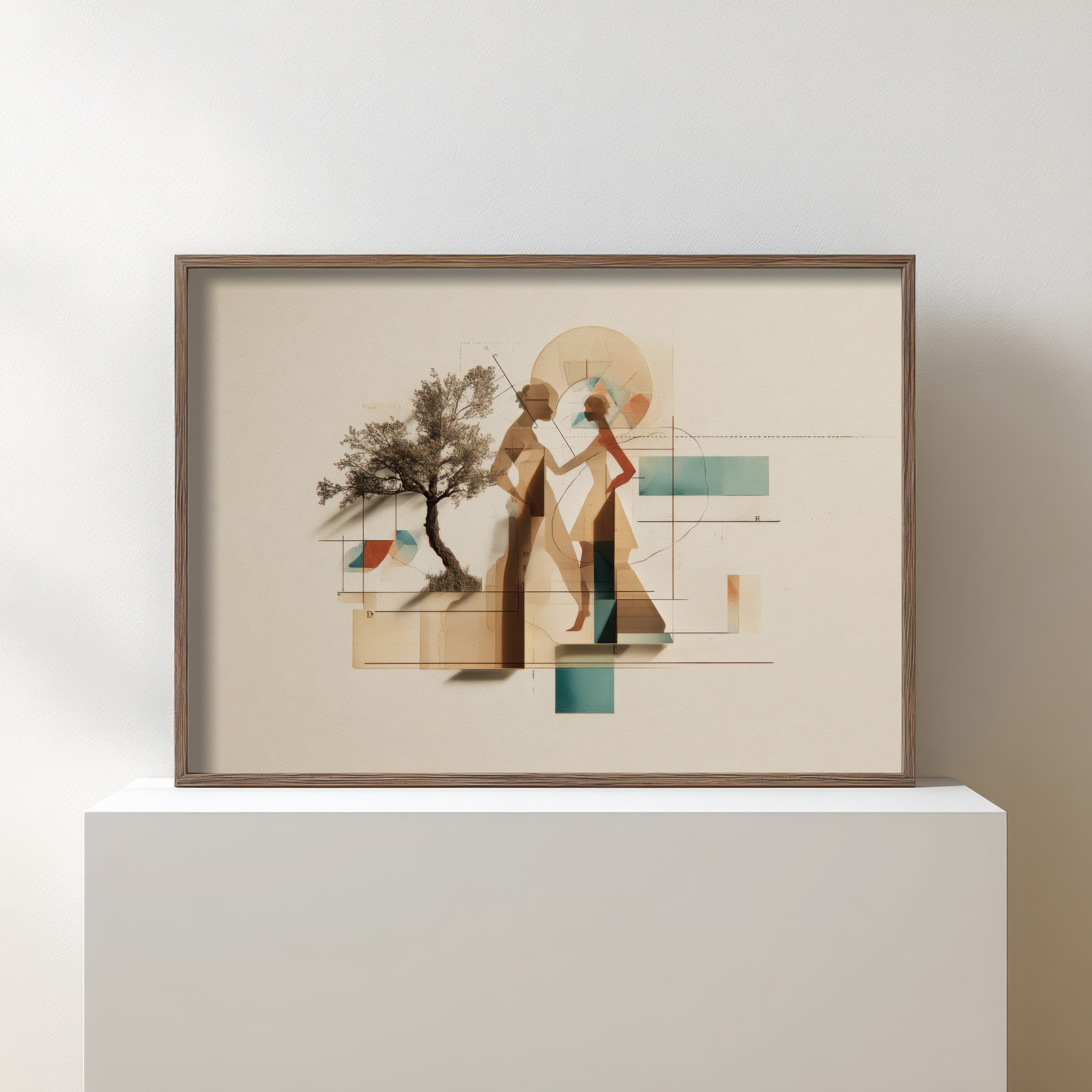 Geometric abstract art of Adam and Eve with earth tones.