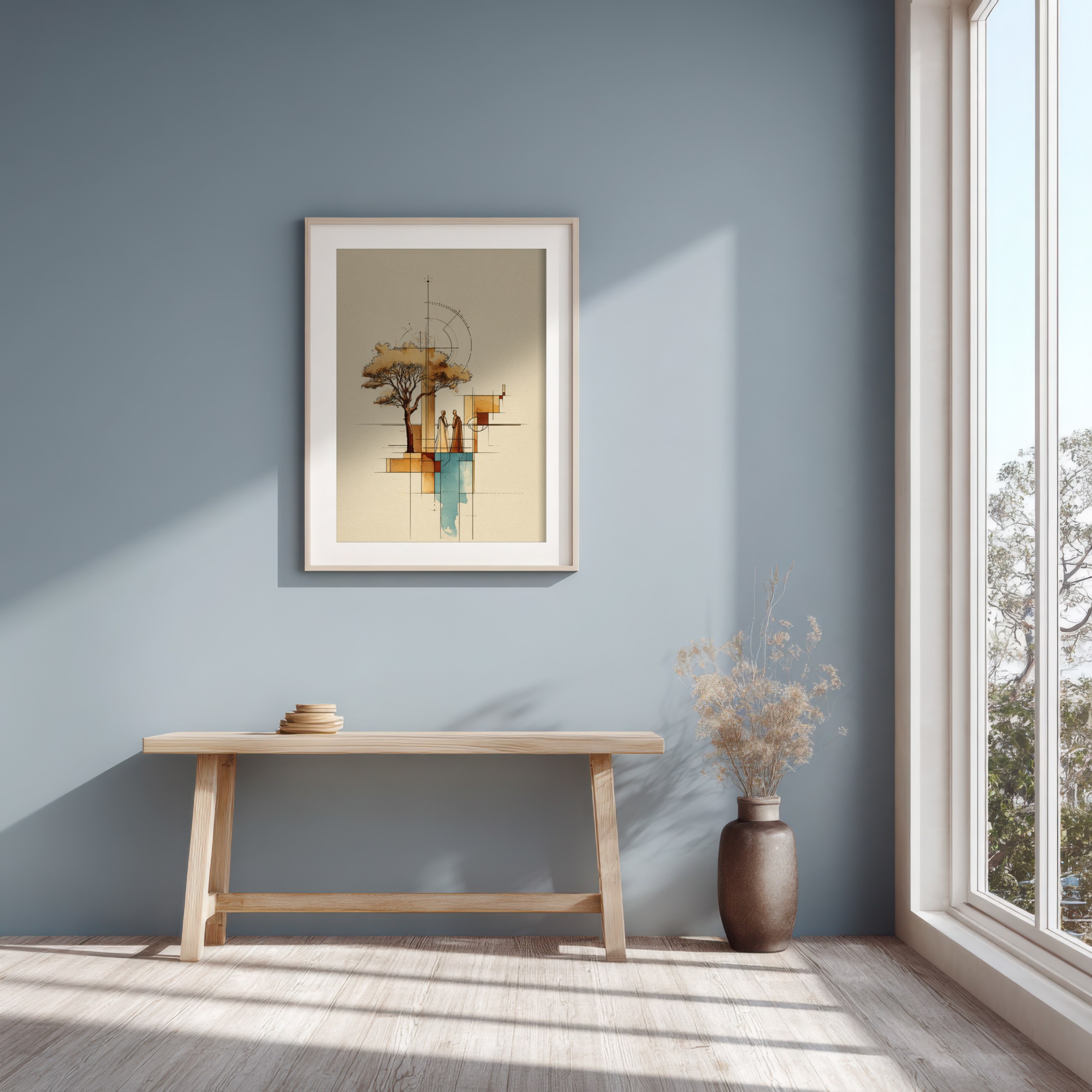 Abstract Adam and Eve painting in modern geometric style.