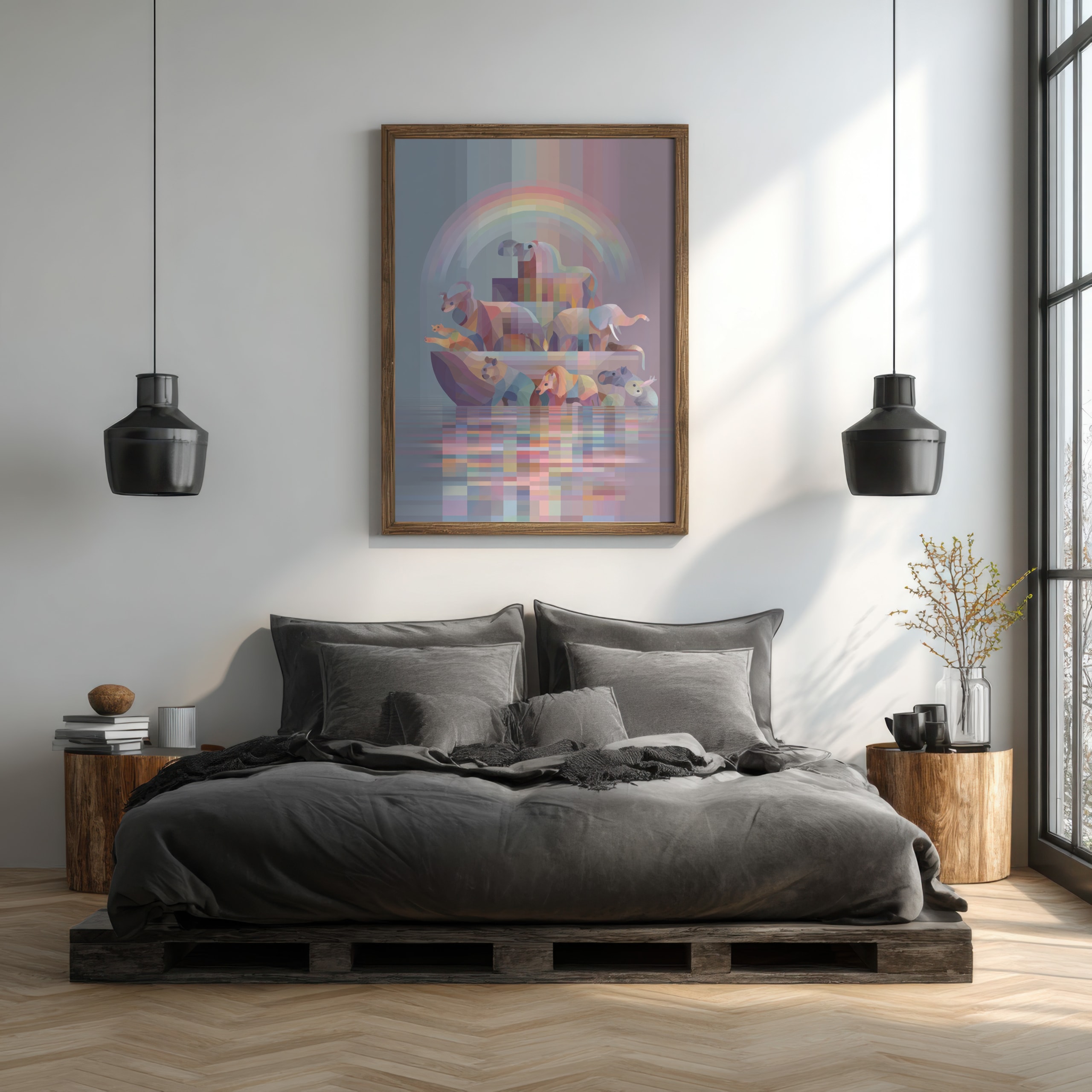 Modern geometric wall art of Noah's Ark from the Bible story.