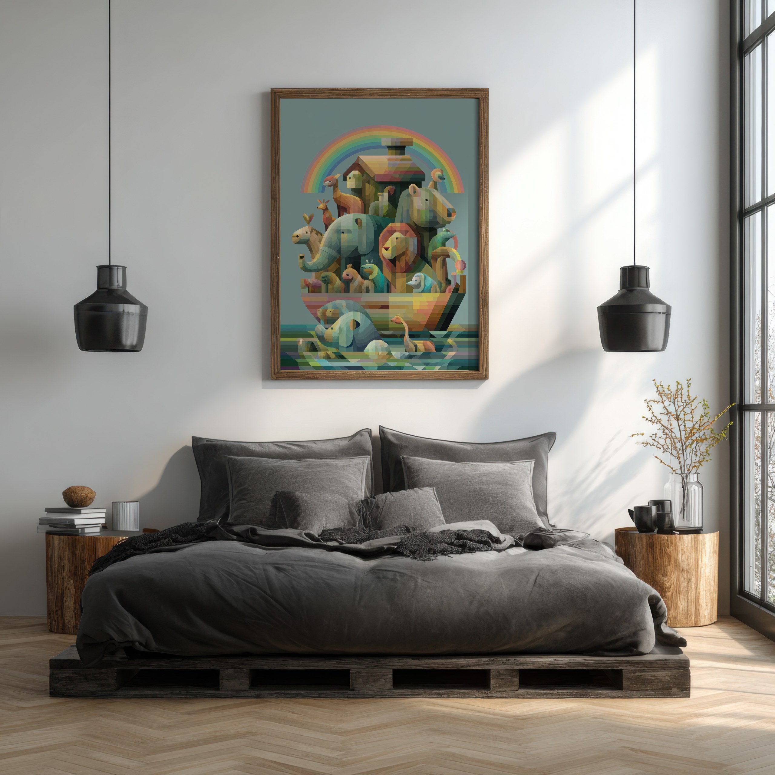 Geometric style Noah's Ark decor with vibrant colors in a bedroom.