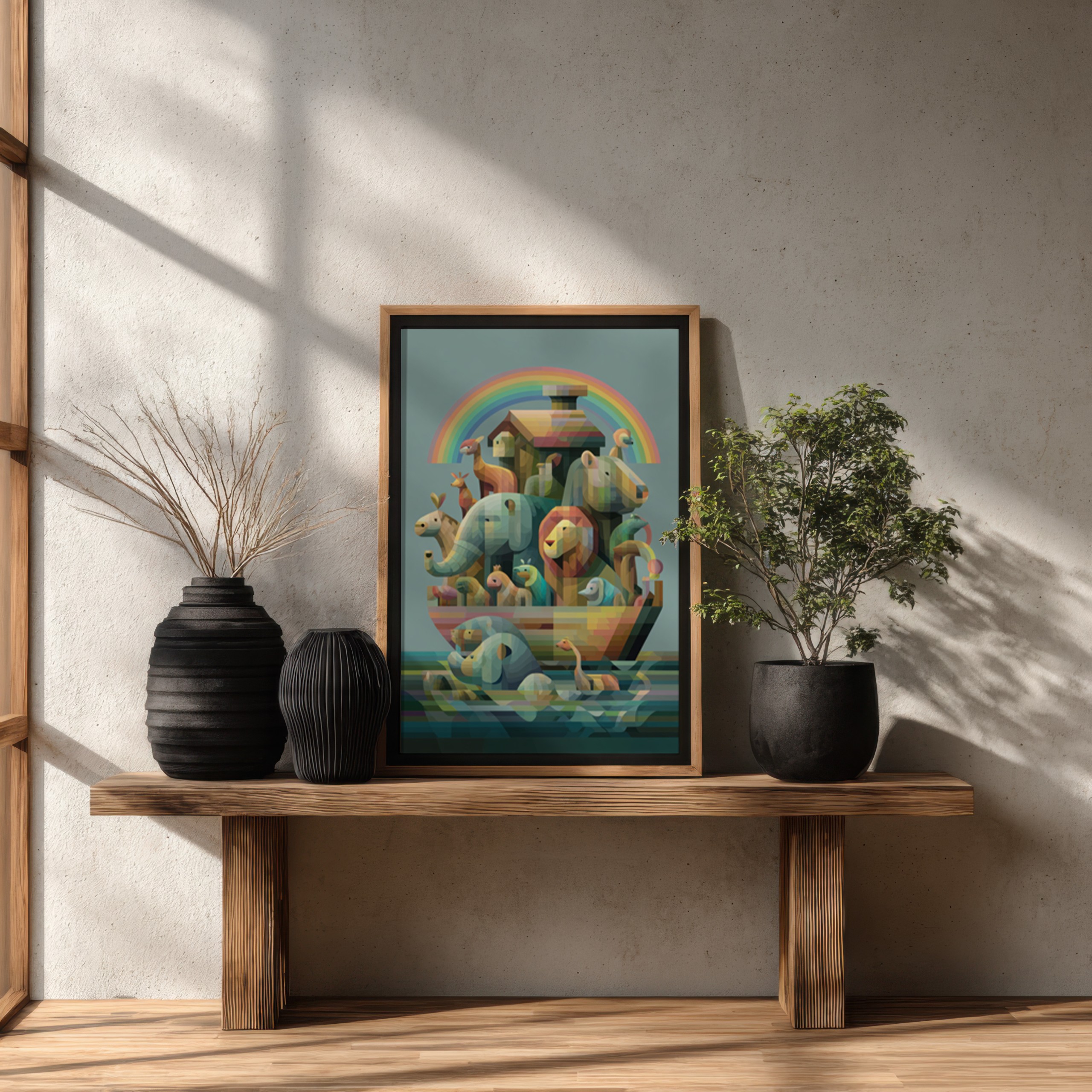 Modern geometric Noah's Ark decor with animals and rainbow.