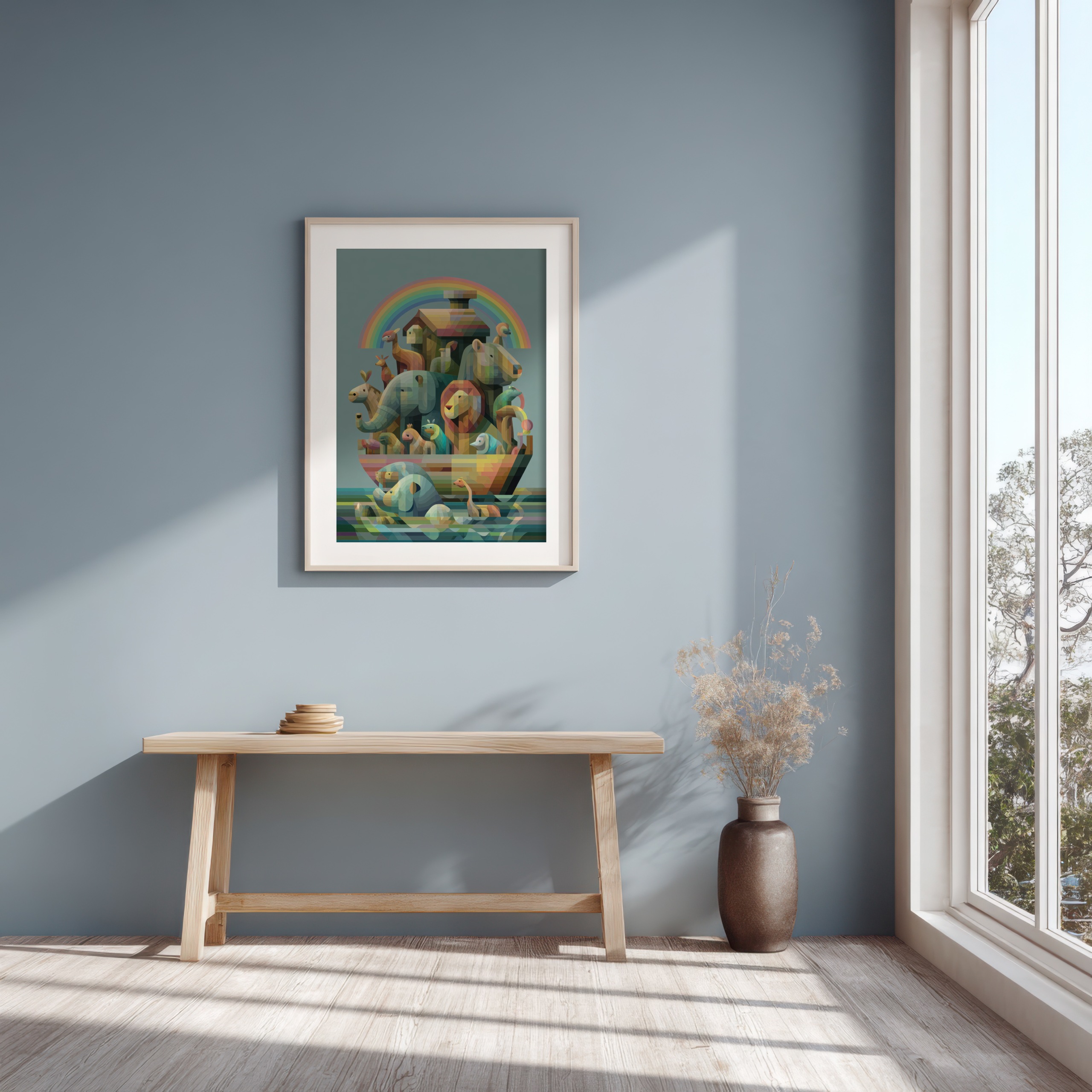 Modern artistic depiction of Noah's Ark decor in a framed wall print.