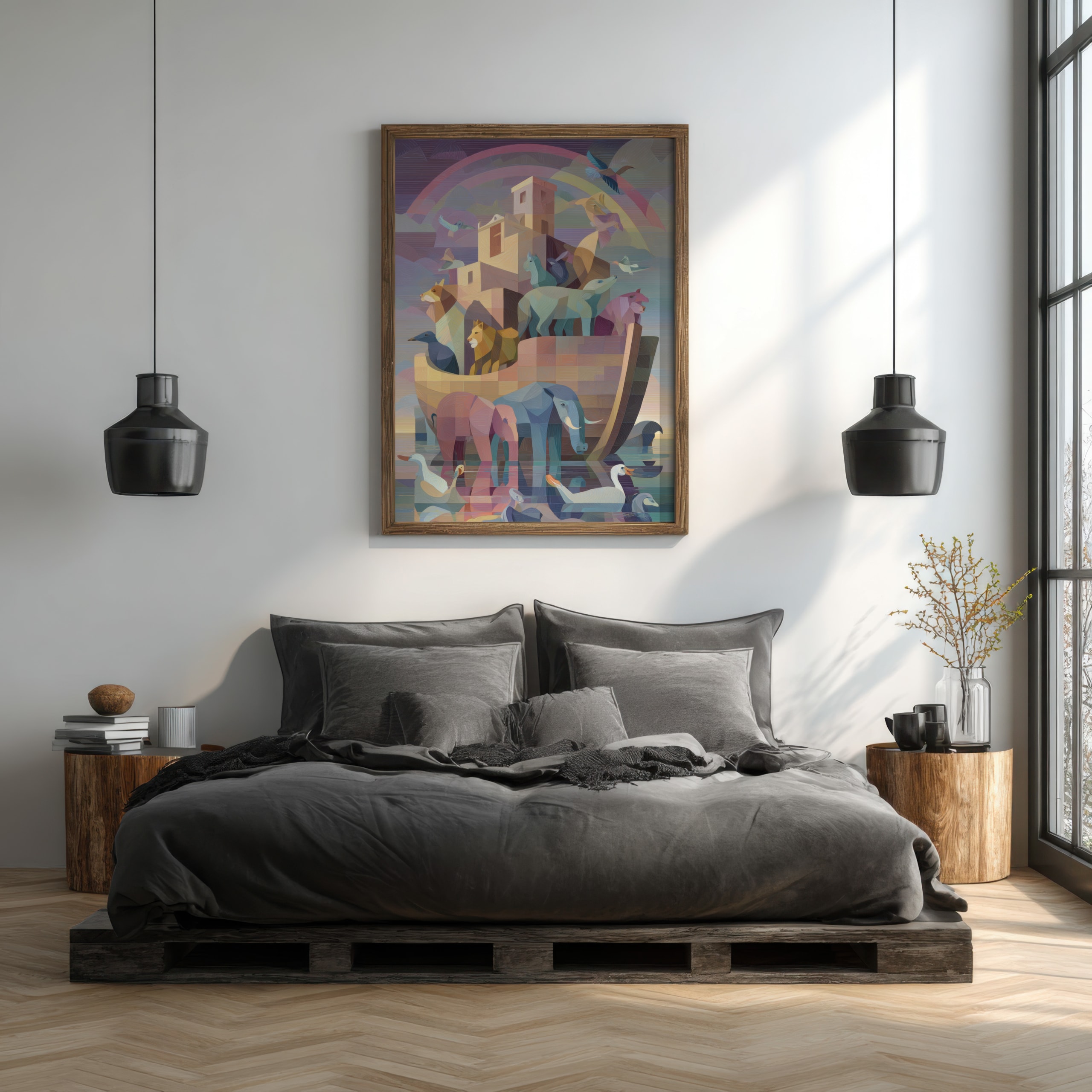 Abstract Christian animal painting depicting Noah's Ark with vibrant colors.