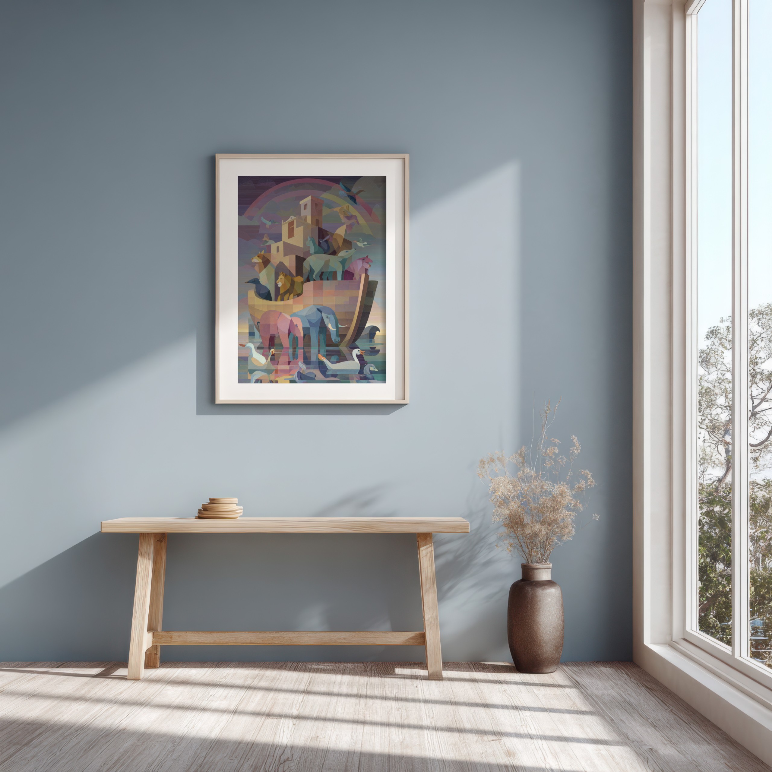 Colorful abstract painting of Noah's Ark, Christian animal theme.