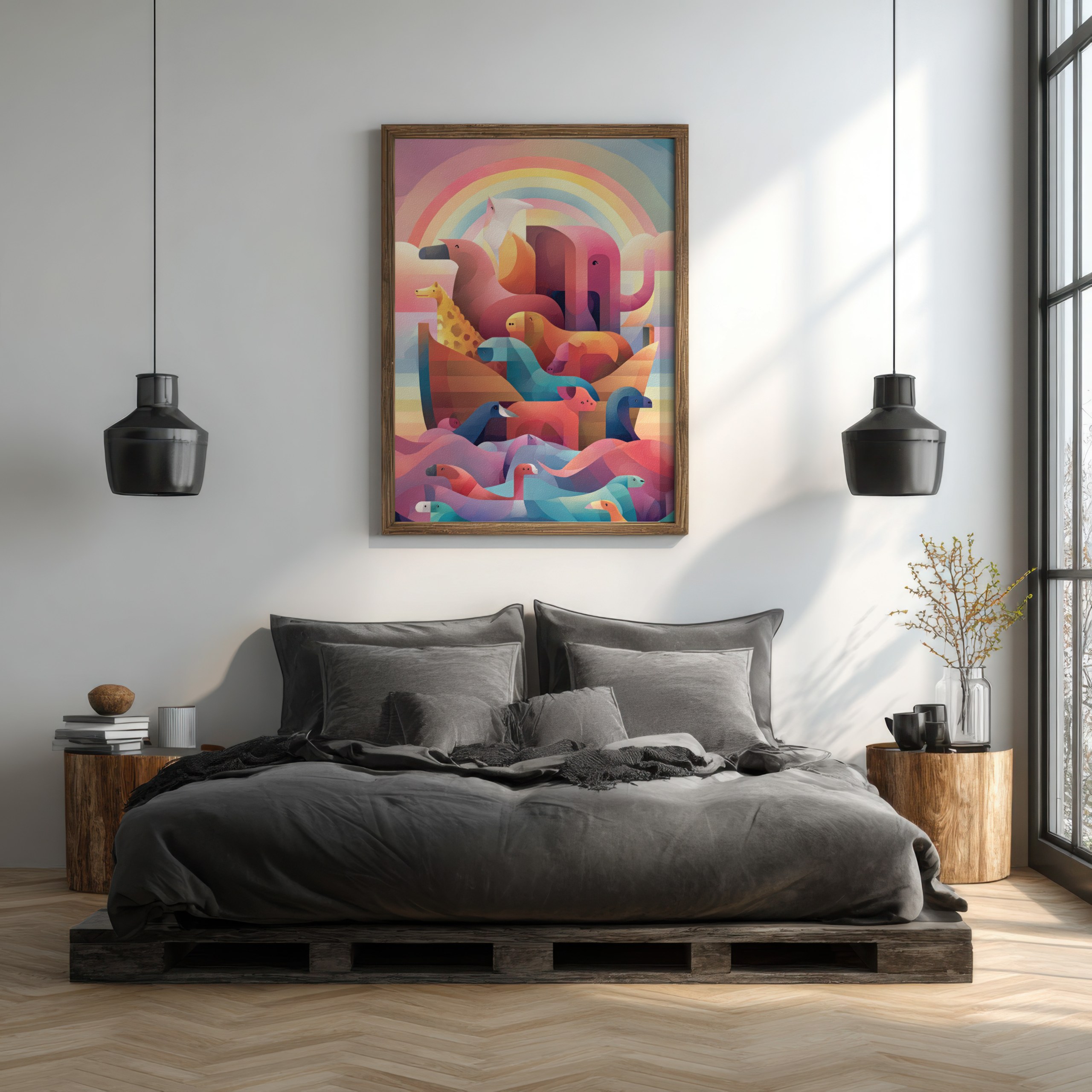 Vibrant Noah's ark wall art with abstract animals and rainbow.