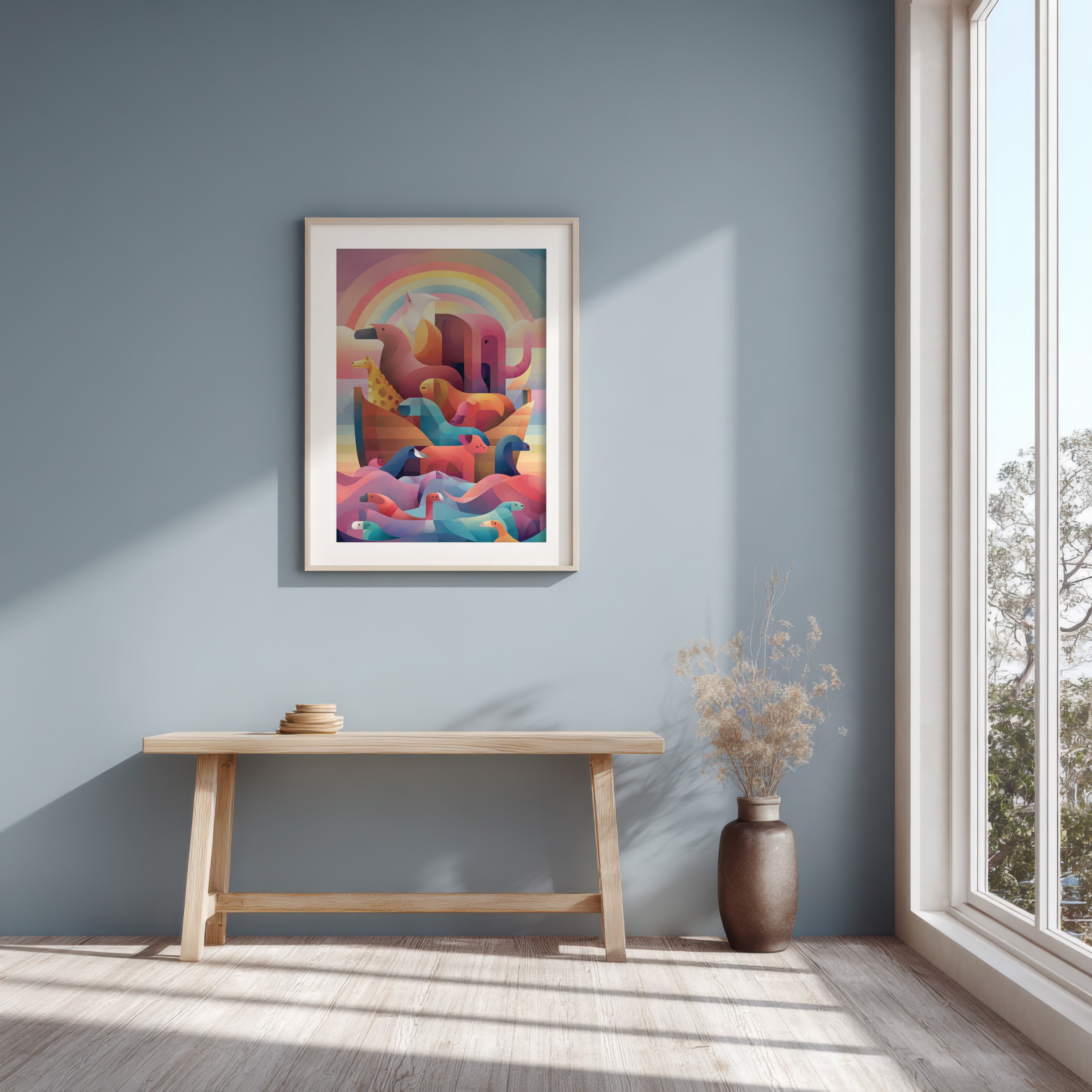Colorful abstract Noah's ark wall art with animals.