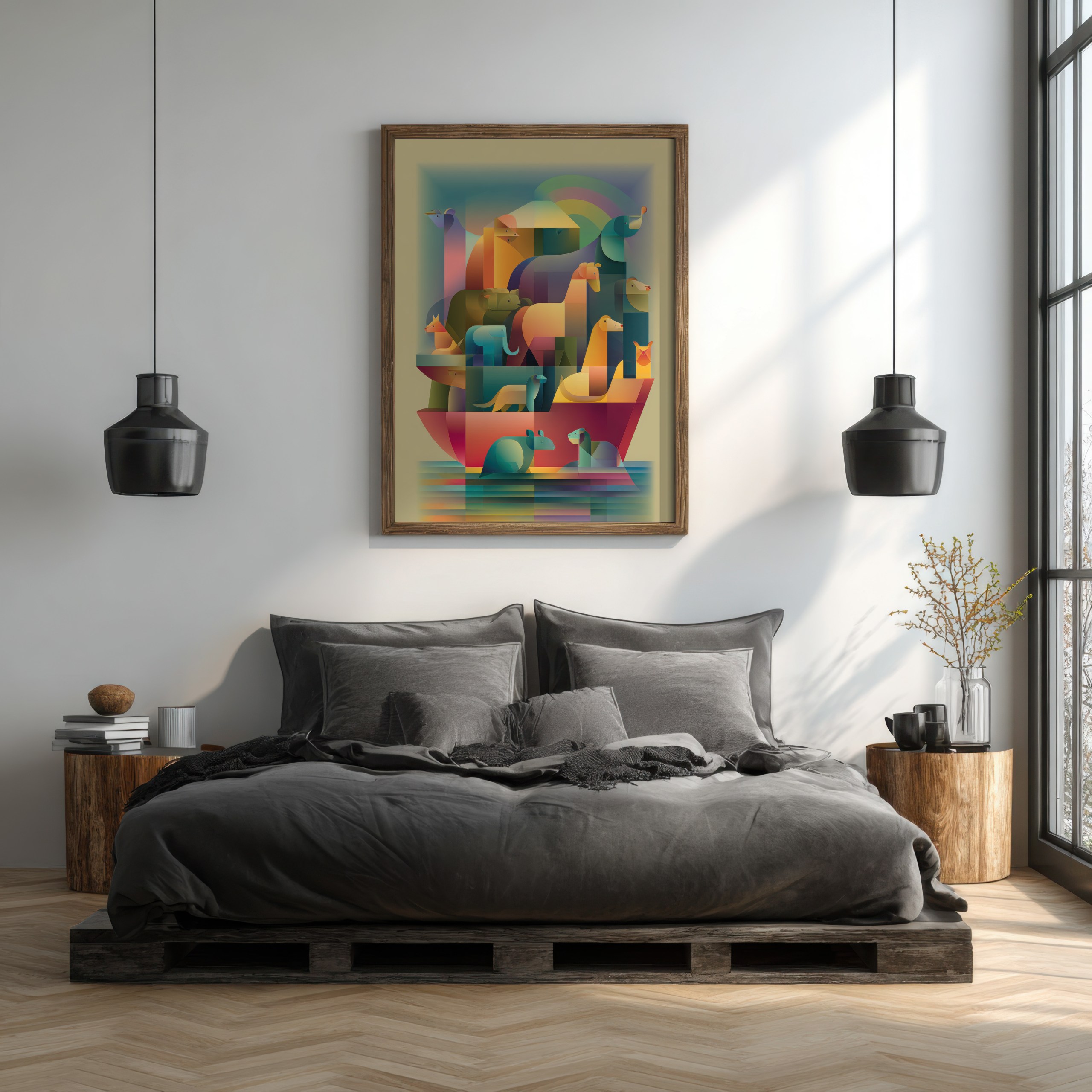Christian animal art featuring Noah's Ark in modern abstract design.