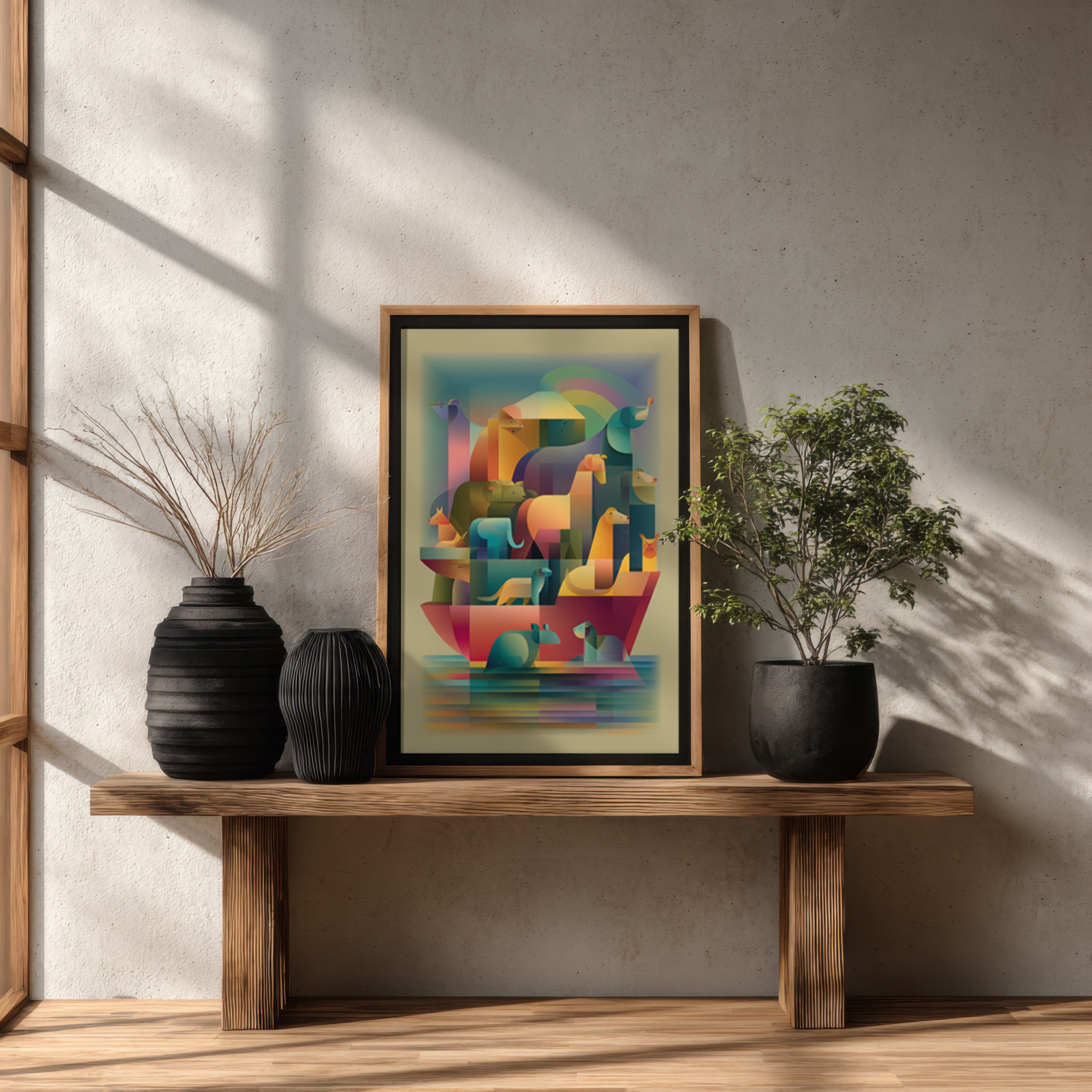 Christian animal art with Noah's Ark theme in geometric abstract style.