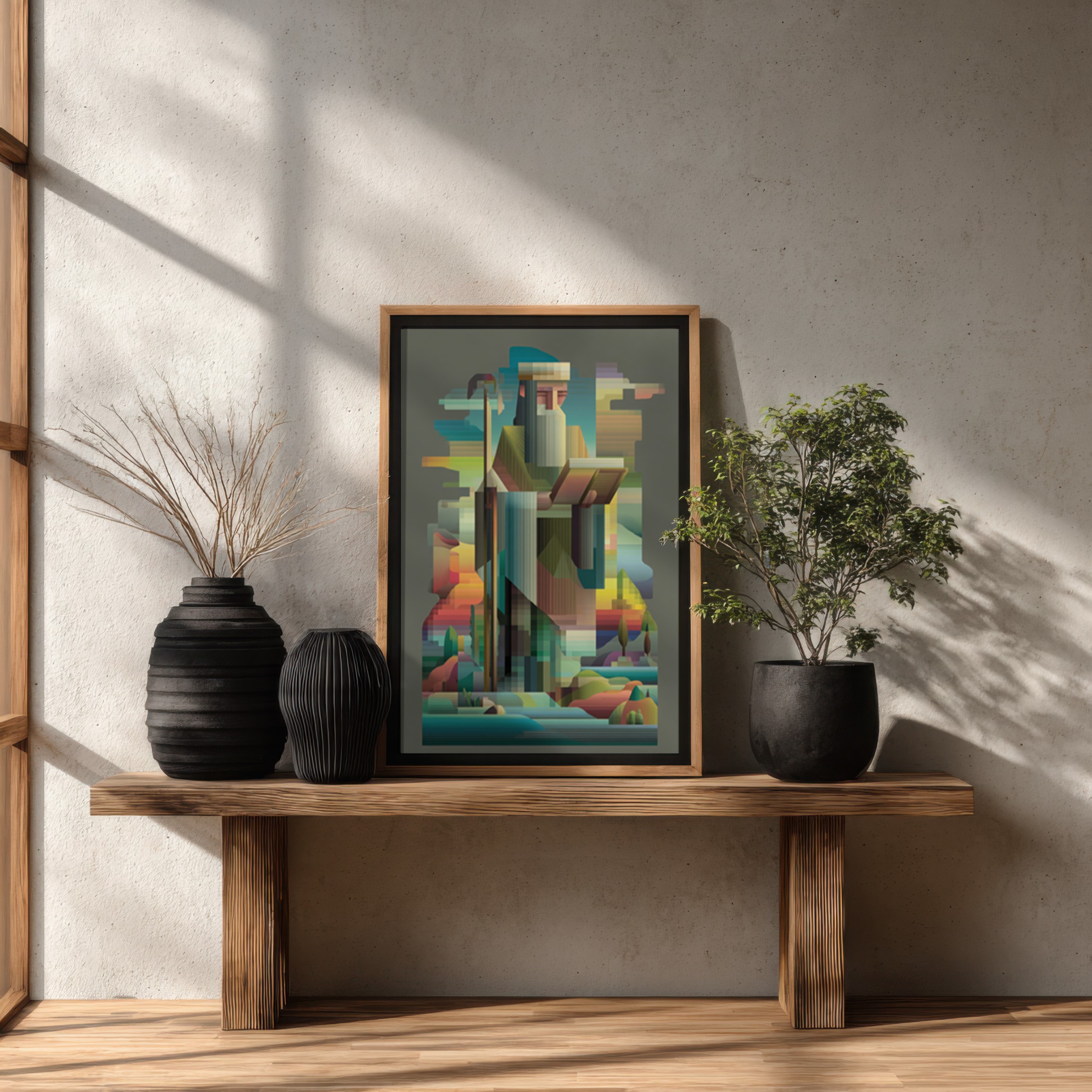 Abstract depiction of Noah's Ark art with geometric shapes.