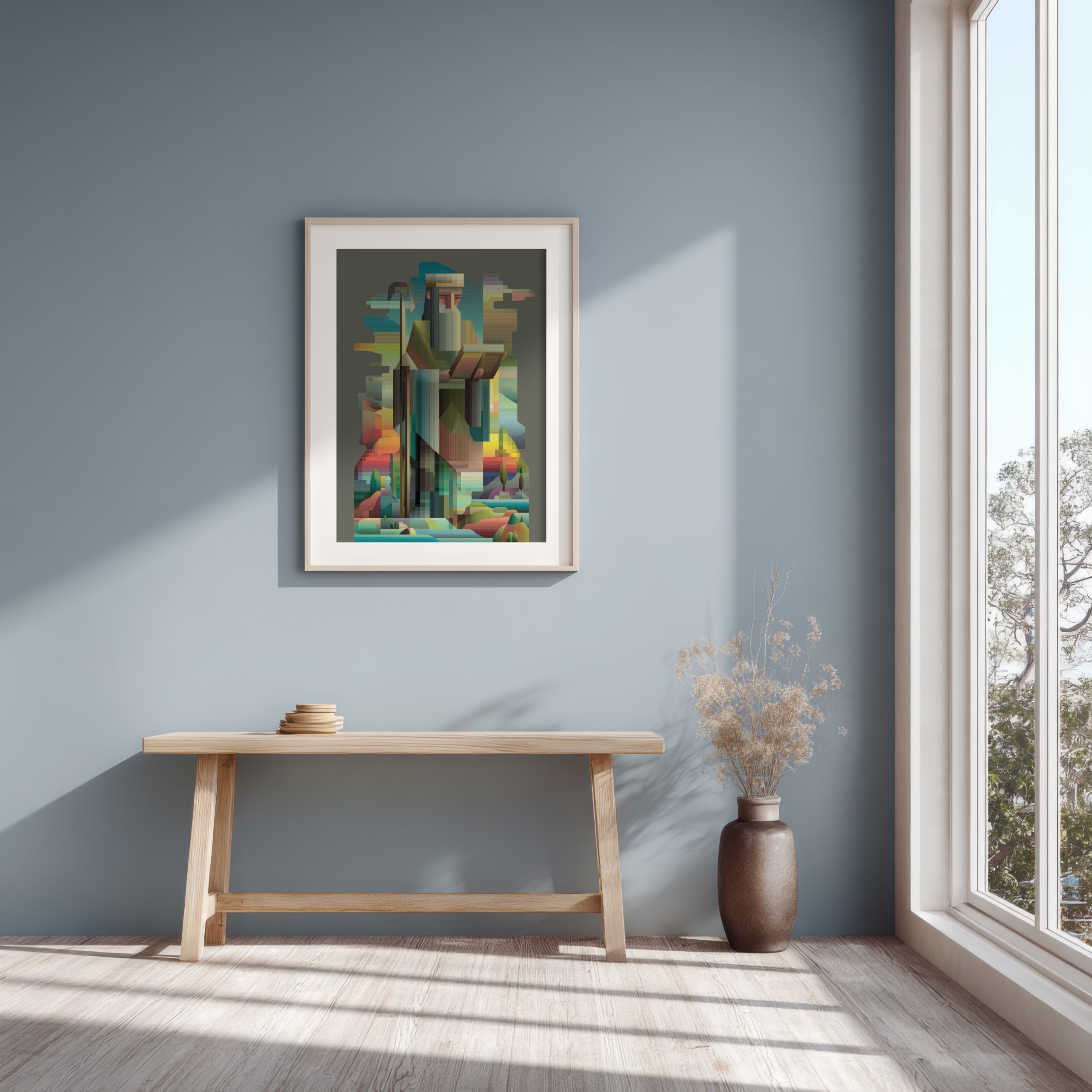 Geometric abstract Noah's Ark art with vibrant colors.
