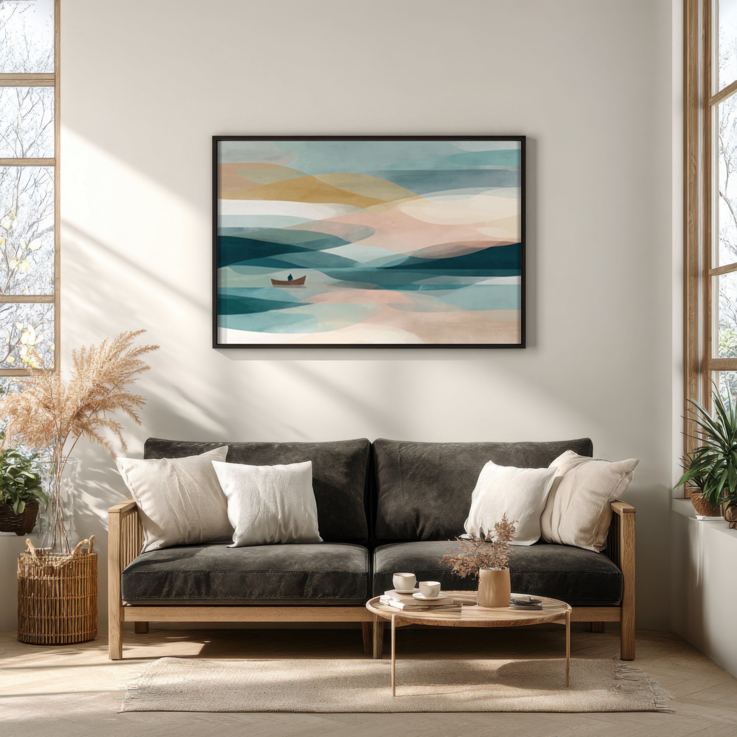 Religious abstract art with serene, watercolor-like waves.