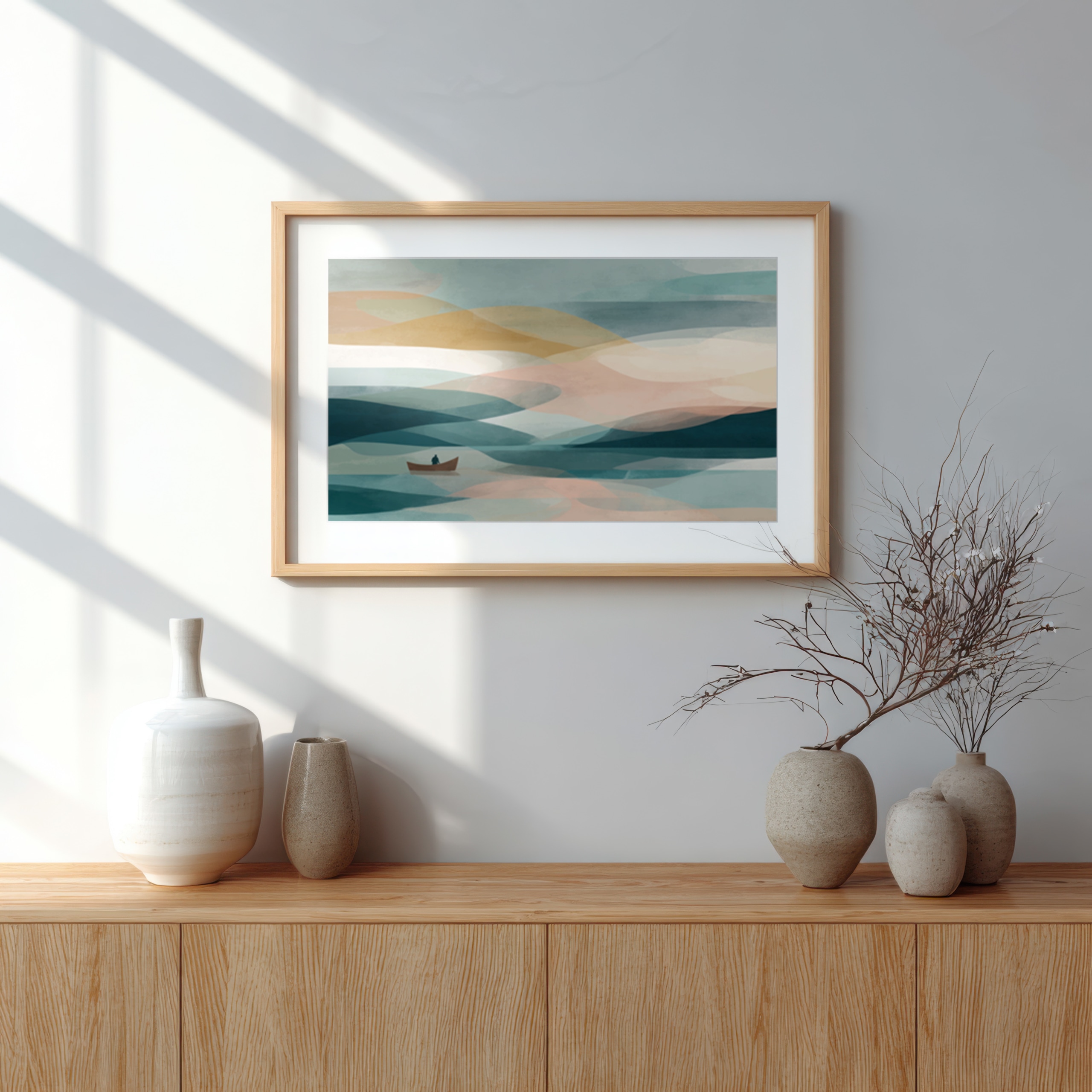 Minimalist landscape as religious abstract art, soothing colors.