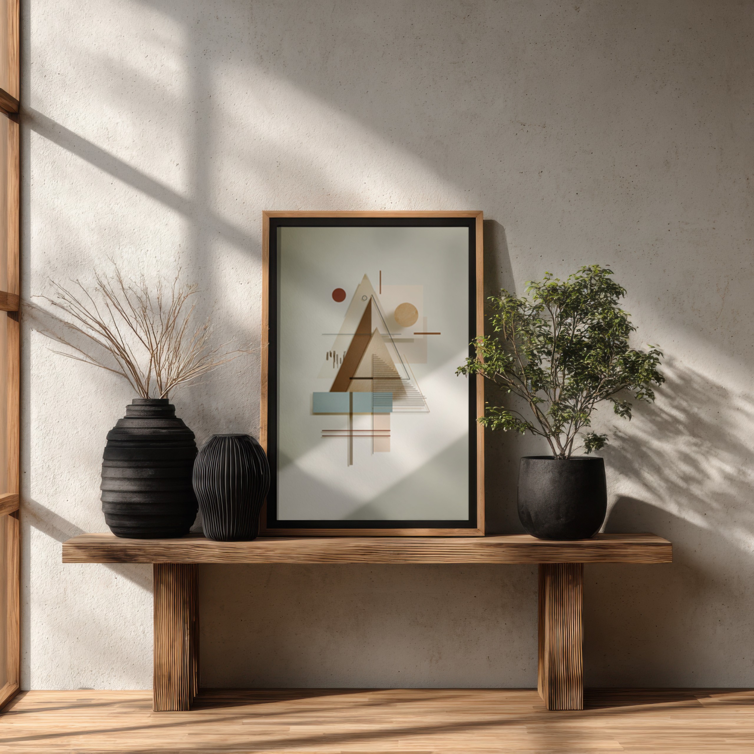 Abstract religious art using geometric shapes and soft colors.