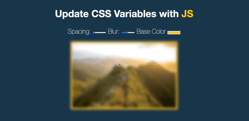 CSS Variables Project GIF, showcasing sliders which dynamically update the spacing and blur of the image, as well as a color picker to update the color of the border and text
