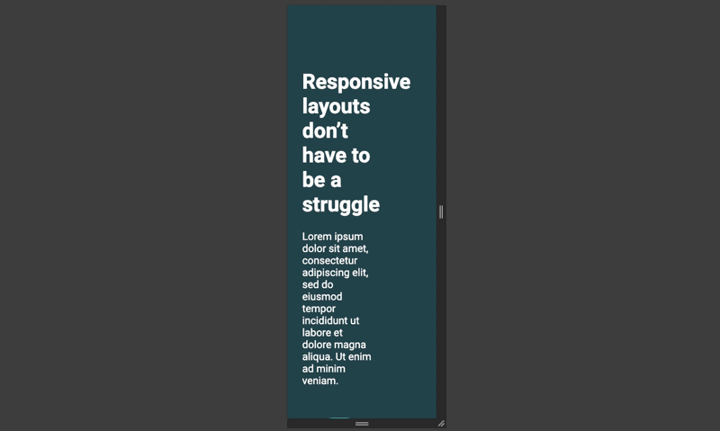 GIF demonstrating a responsive header created as part of Week 1 project. The heading text reads "Responsive Layouts Don't Need to Be A Struggle". Underneath some placeholder text is a 'I Want to Learn' button.