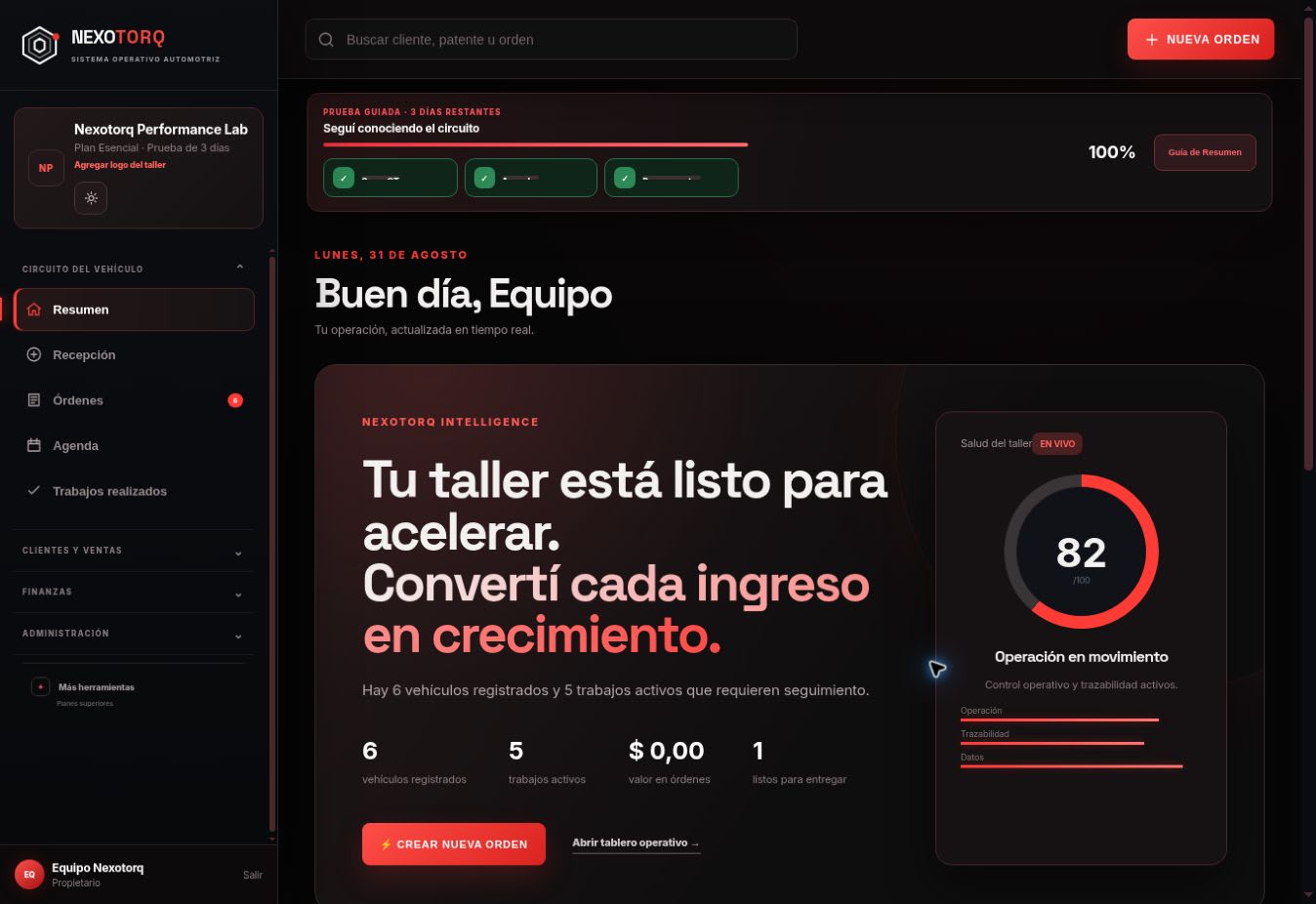 El estado completo del taller, en una sola vista en Nexotorq